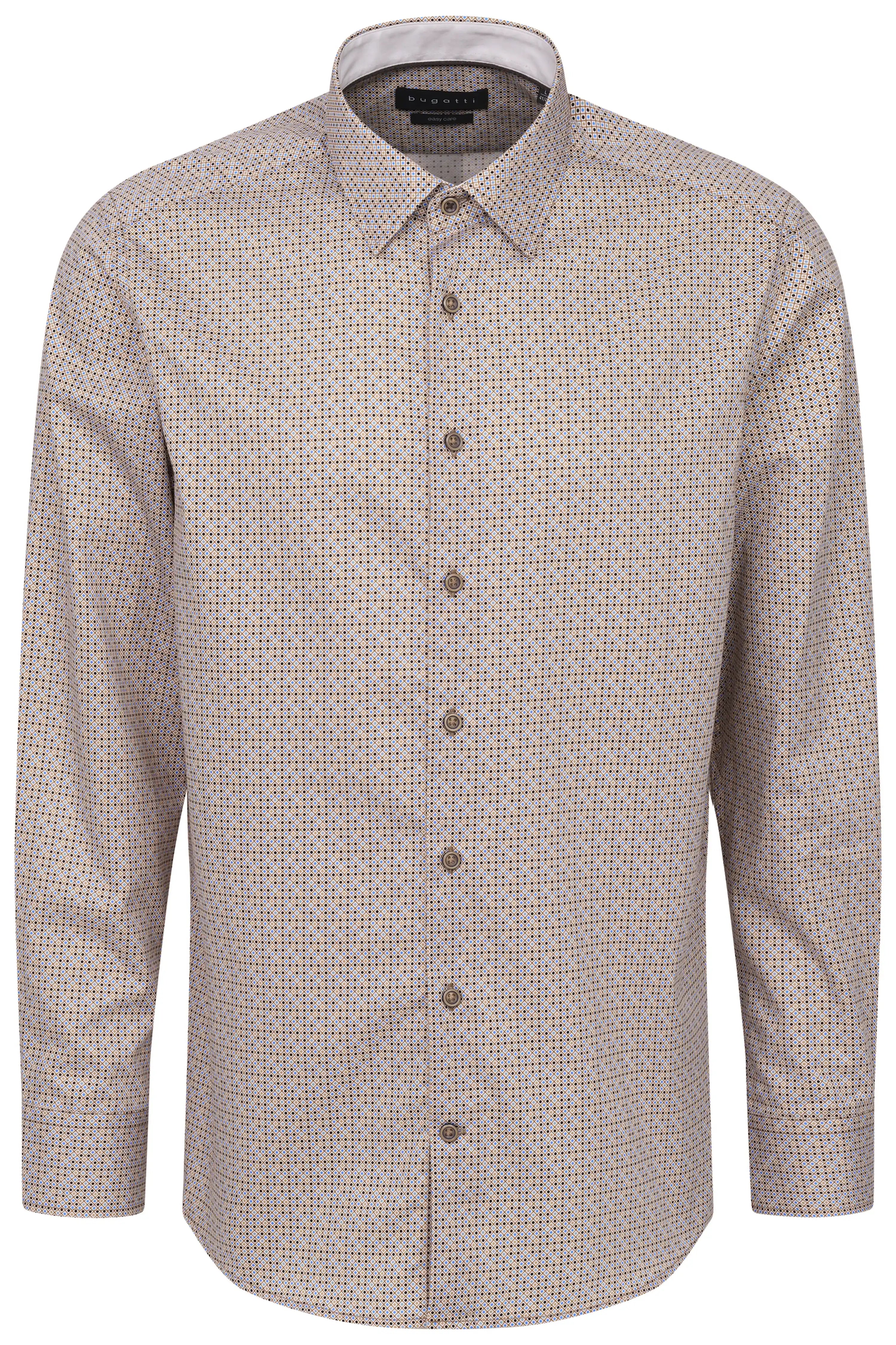 Langärmeliges bugatti Hemd mit feinem Muster in Beige und Braun. Büstenbild ohne Model.