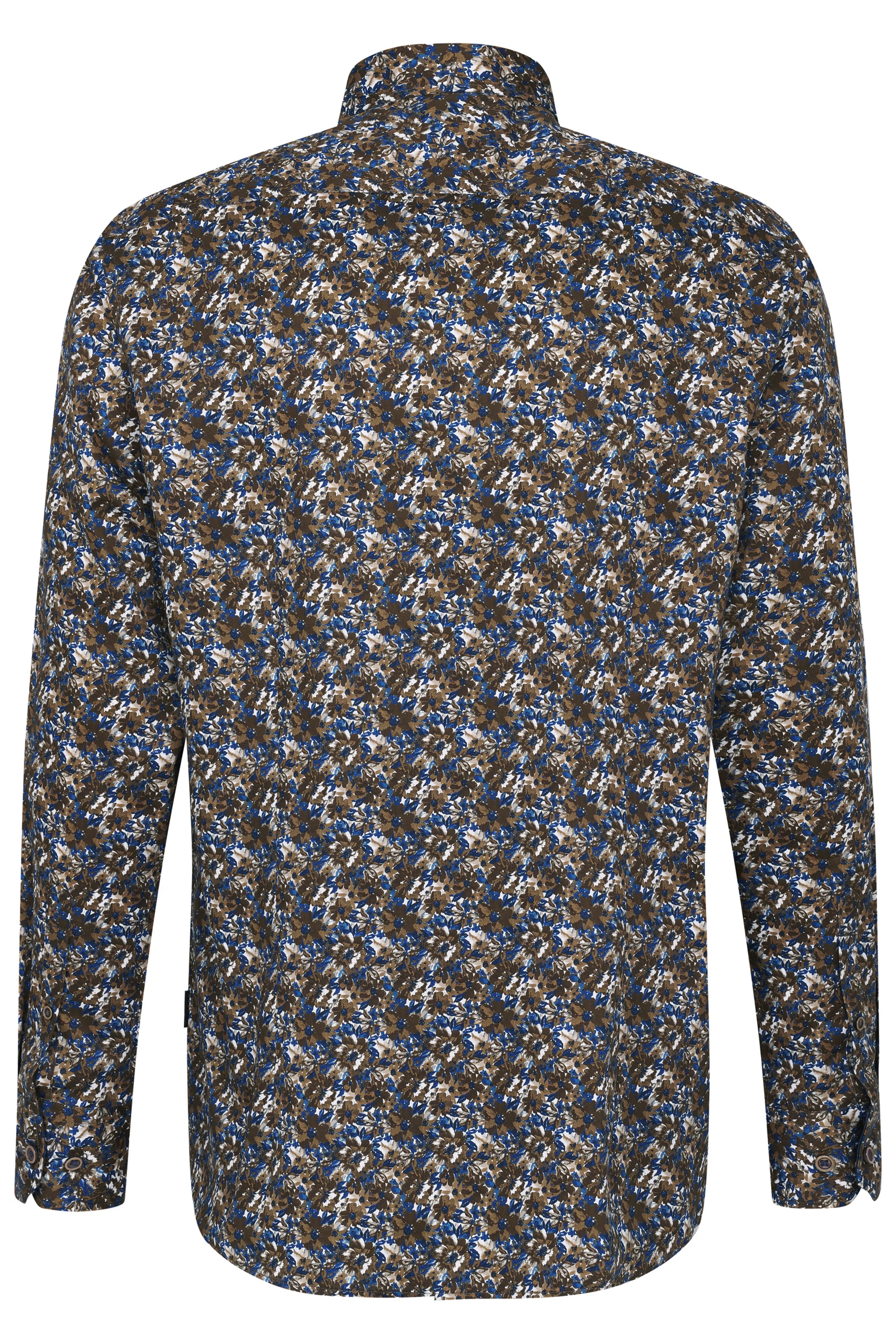 Langarmhemd mit floralem Muster in Blau und Braun, Rückansicht, Bugatti-Stil. Büstenbild.