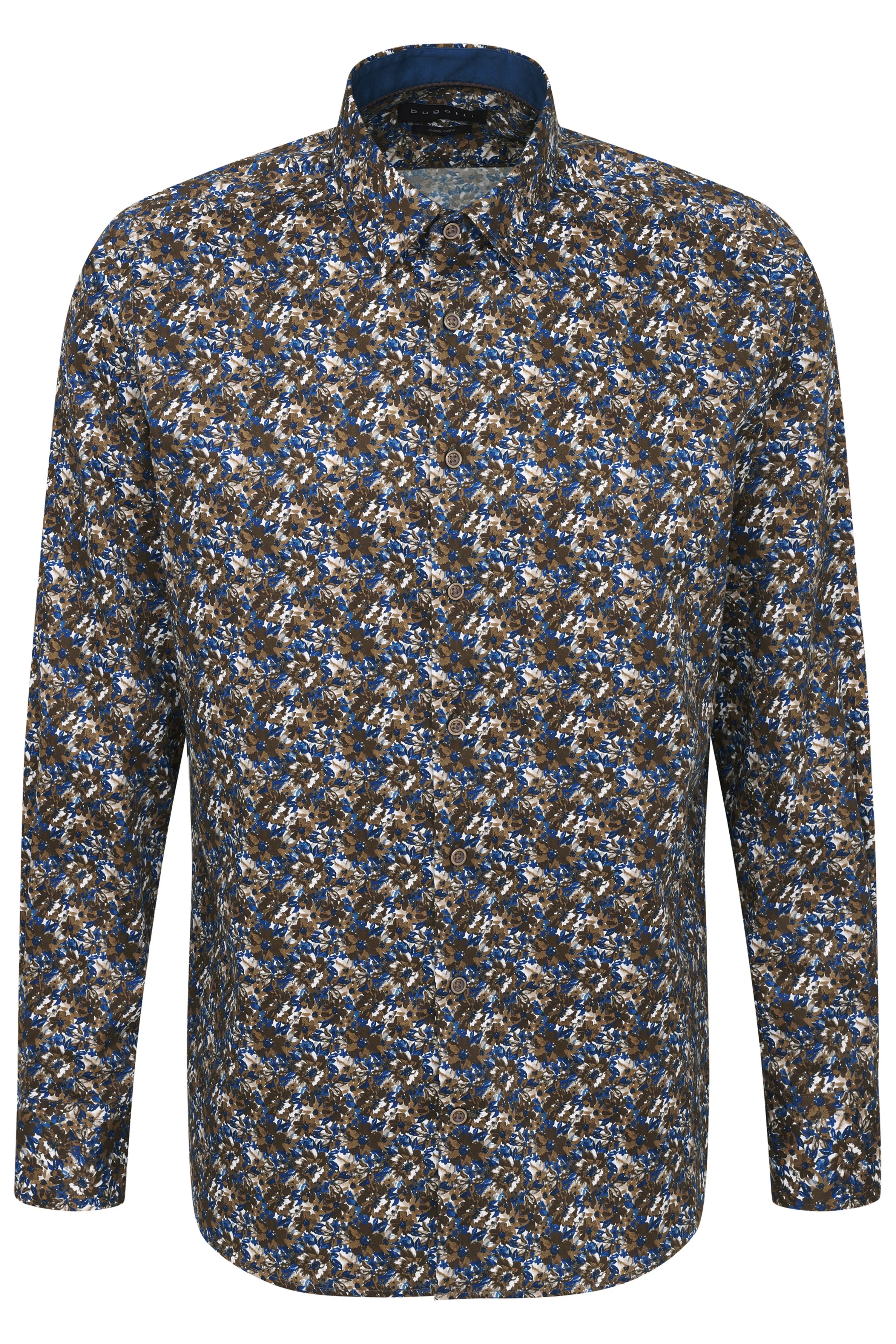 Blue-brown floral bugatti long-sleeve shirt, casual bust view.