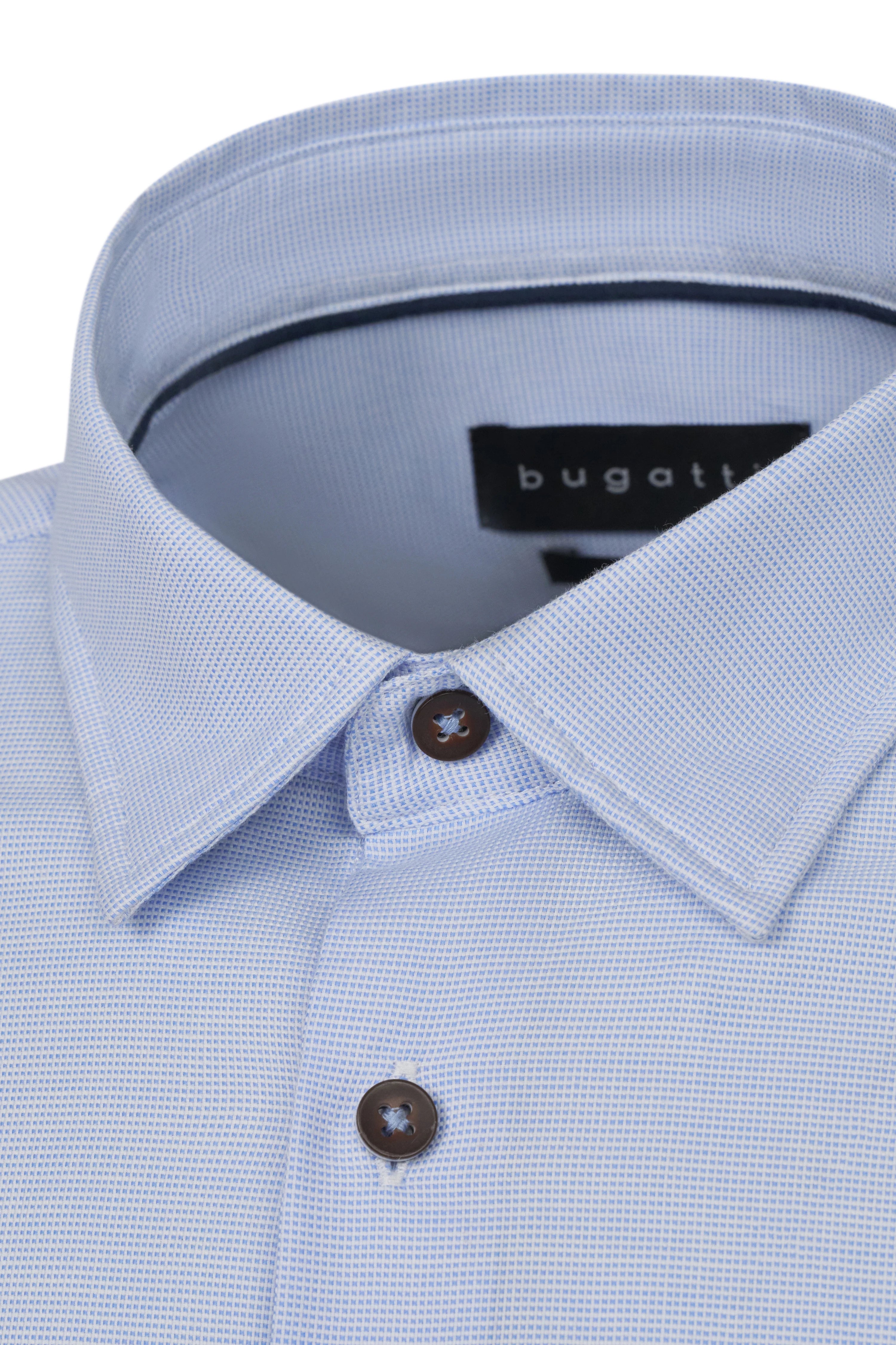bugatti light blue shirt with fine pattern, bust view, classic collar, stylish and elegant.