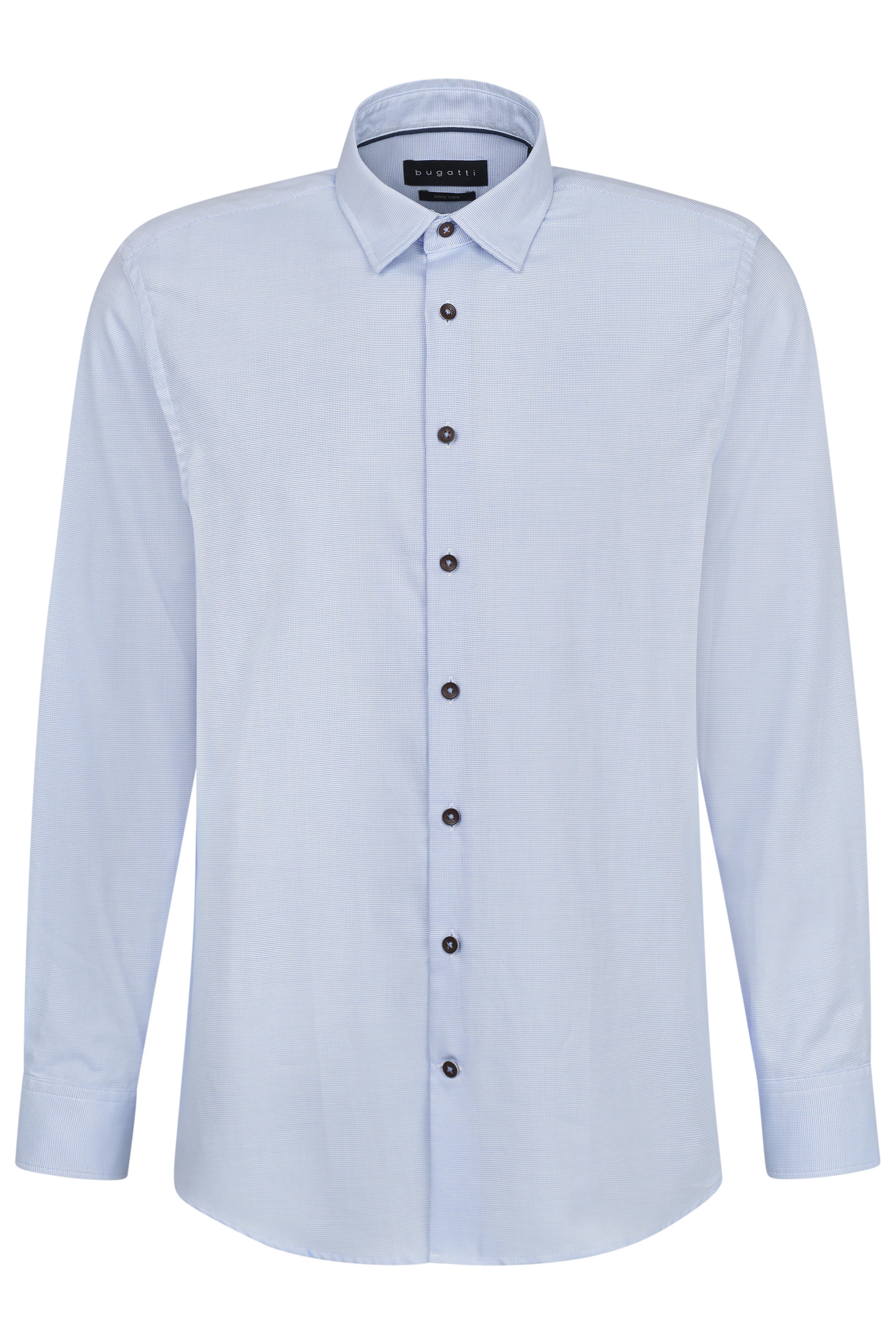 bugatti men's light blue shirt, elegant design with button placket and classic collar, bust view.