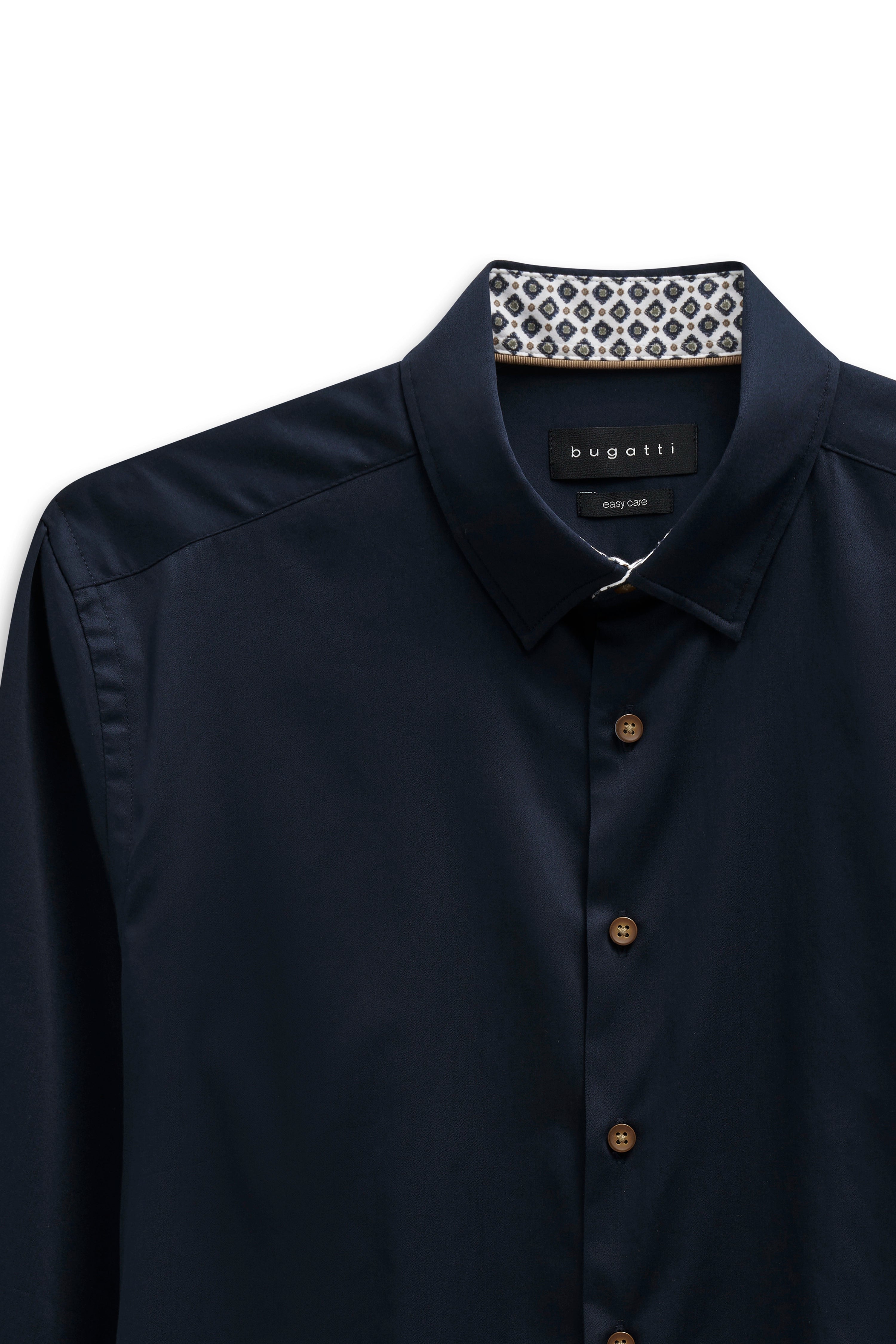 Dark blue bugatti shirt with patterned collar and wooden buttons, bust view.