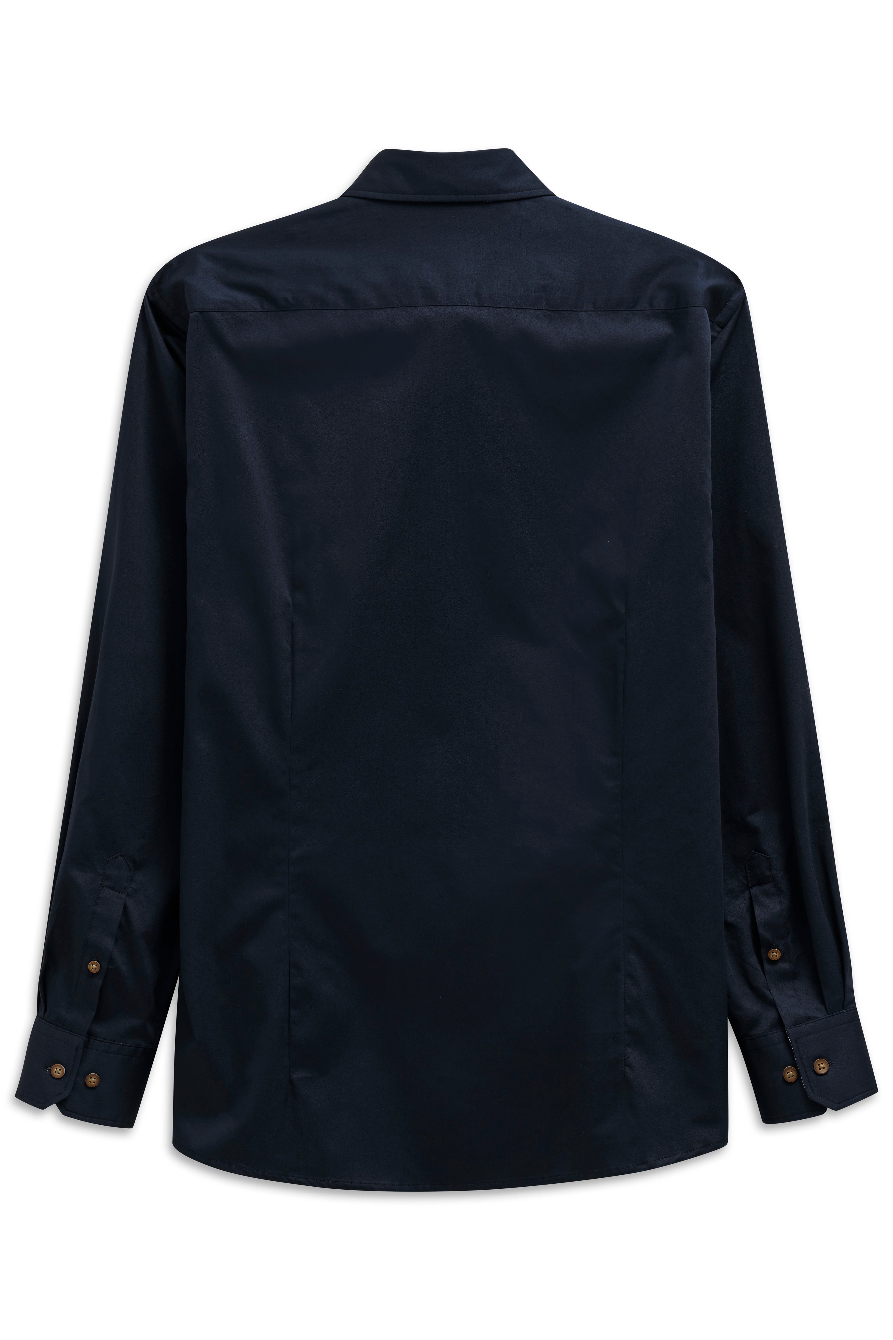 Dark blue men's shirt by bugatti, back view, classic elegance and timeless style.