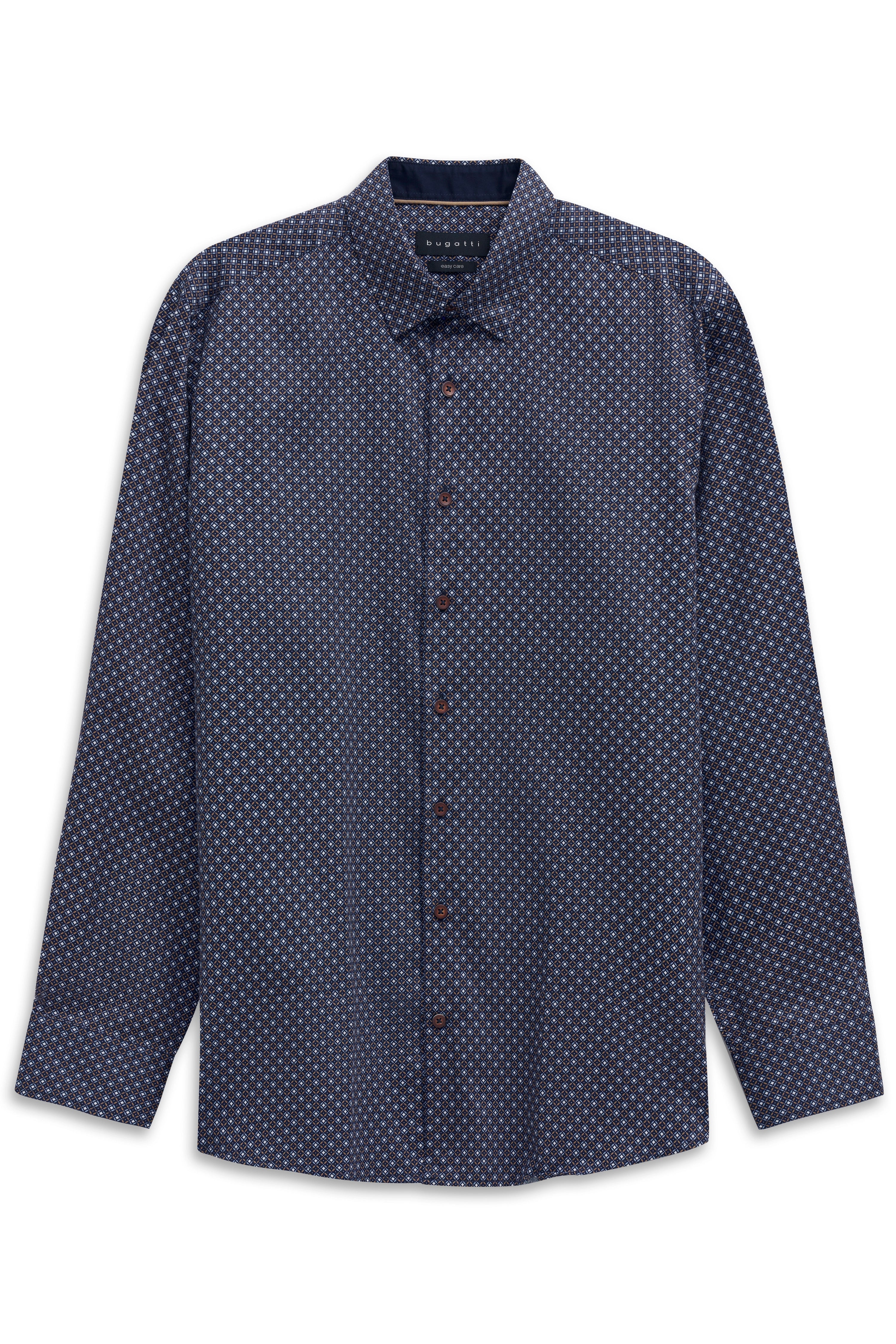 Rear view of model: Blue patterned bugatti shirt, navy trousers.