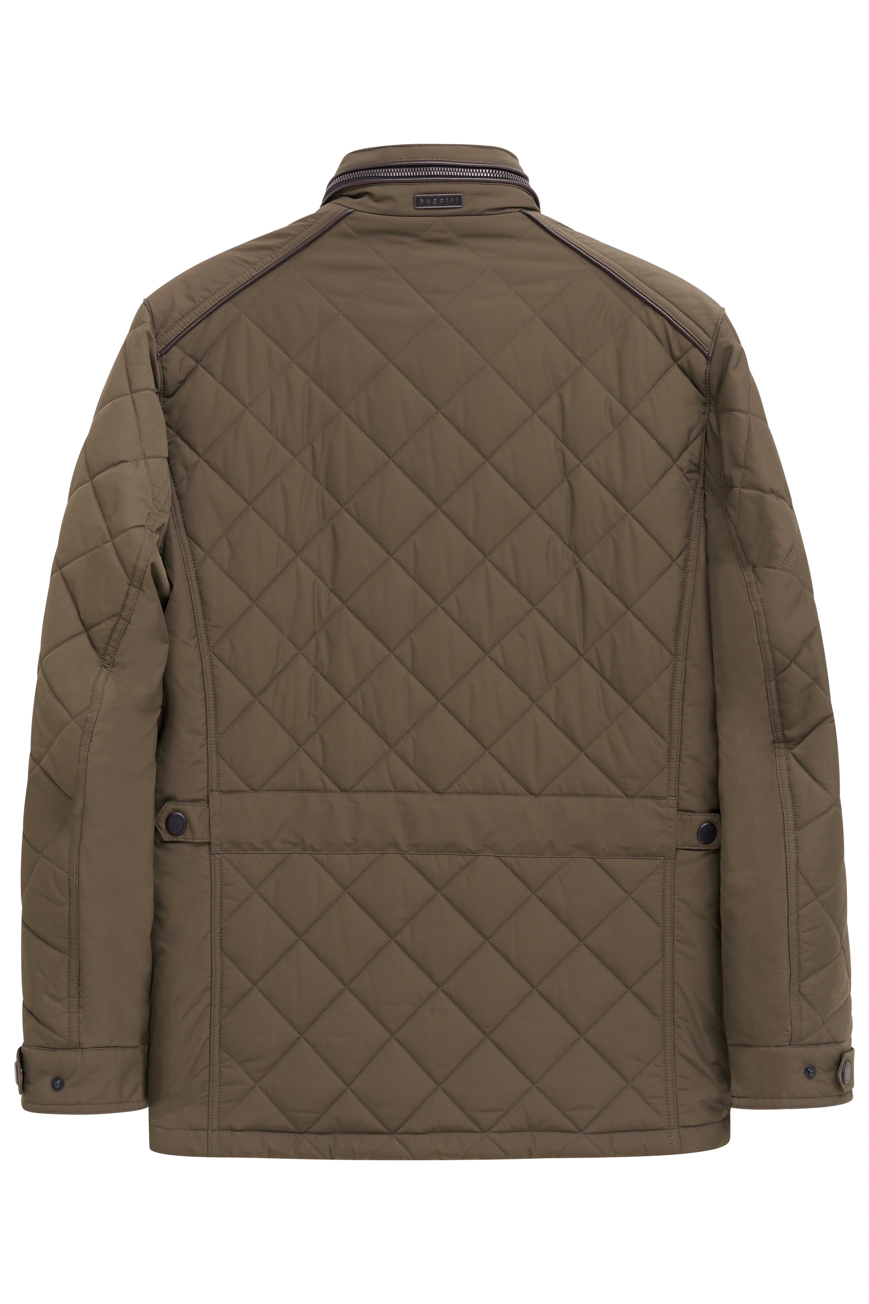 Kapuzenjacke von bugatti in Olivgrün, gesteppter Stoff, Rückansicht, legeres Büstenbild.