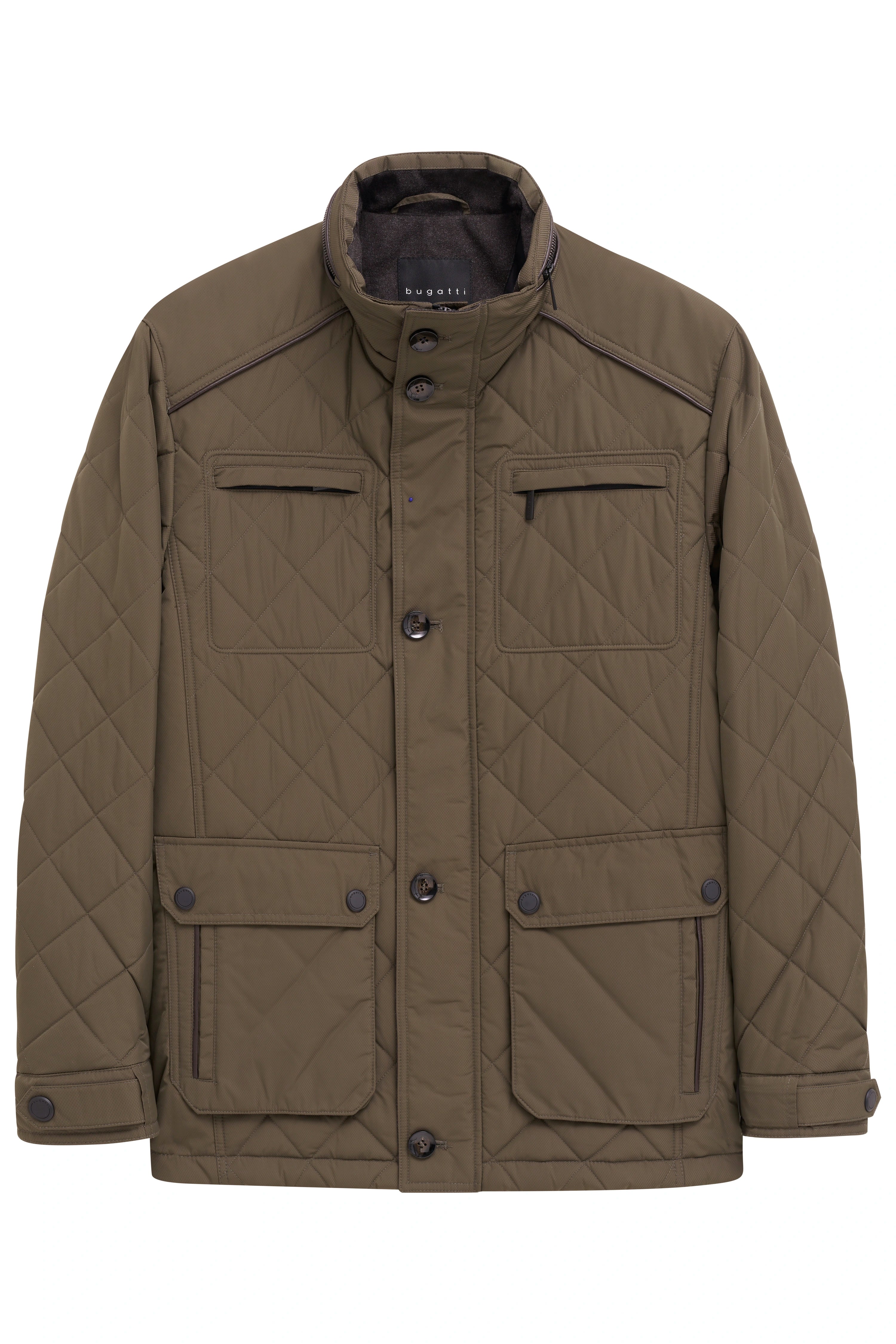 Steppjacke in Oliv, Büstenbild, mit Knopfdetails und Taschen, klassisches Design von bugatti.