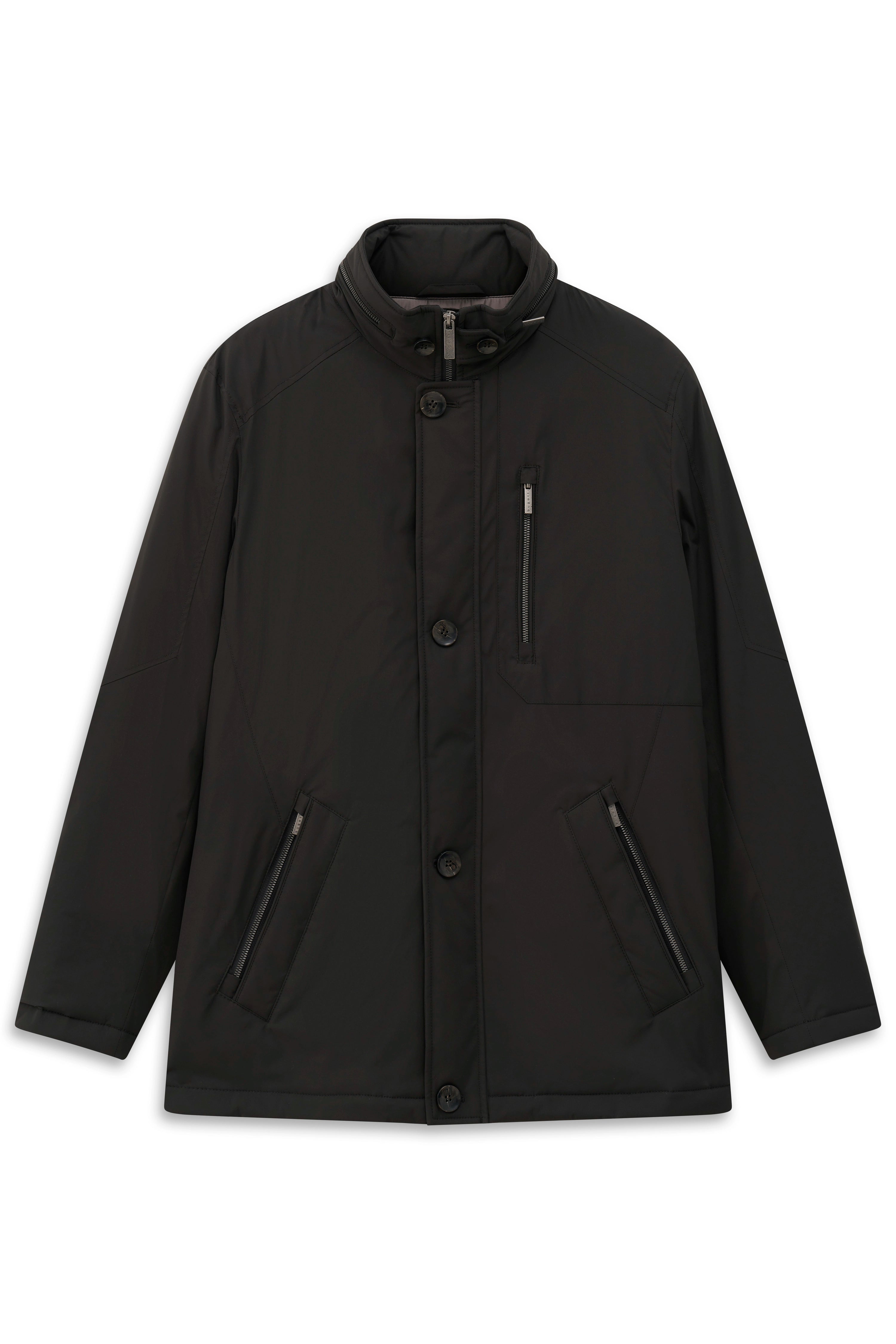 Schwarze bugatti Jacke mit Knöpfen und Reißverschlusstaschen, klassisches Design, Büstenbild.