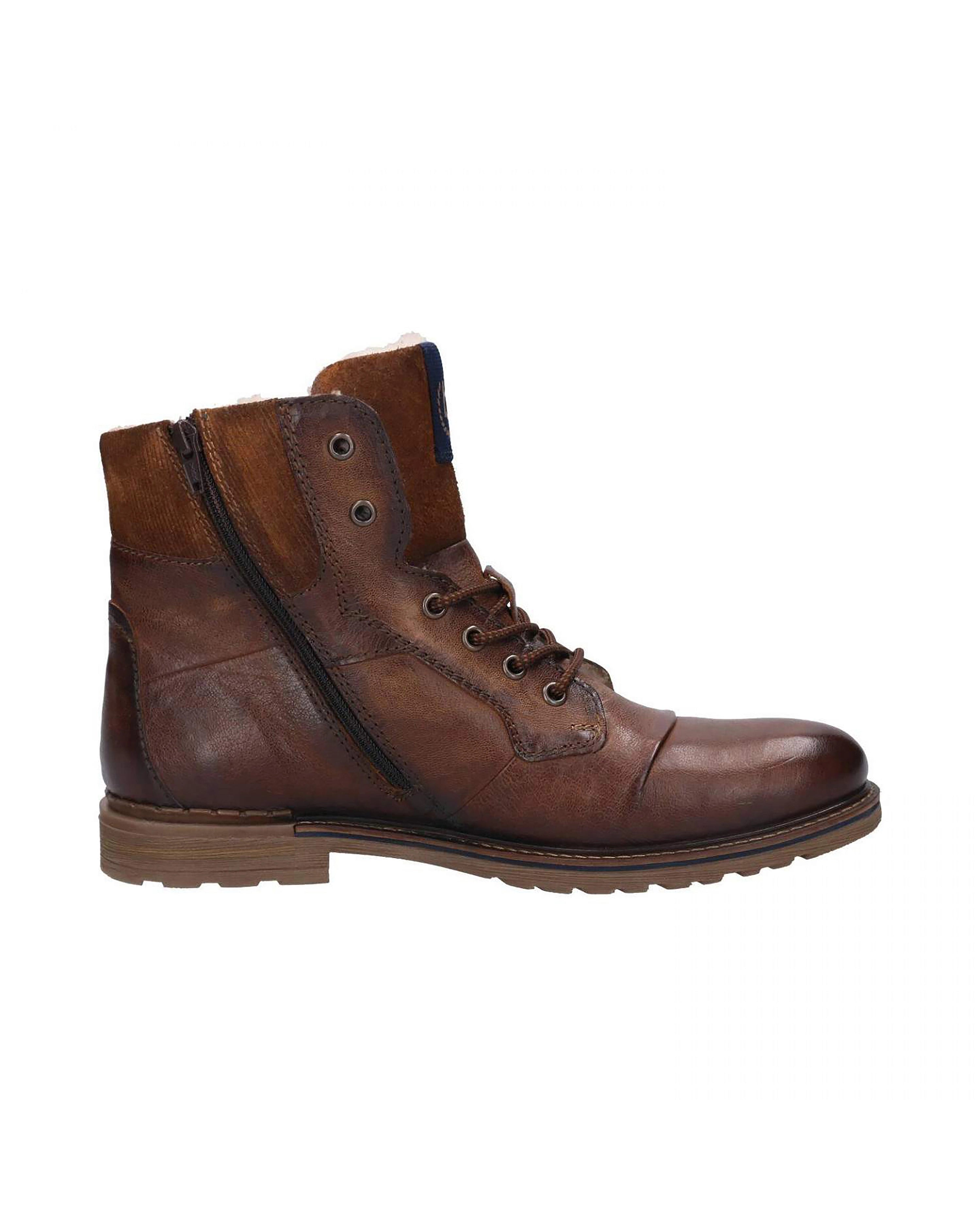 Brown bugatti leather boots with laces and zipper, side view, timeless design.