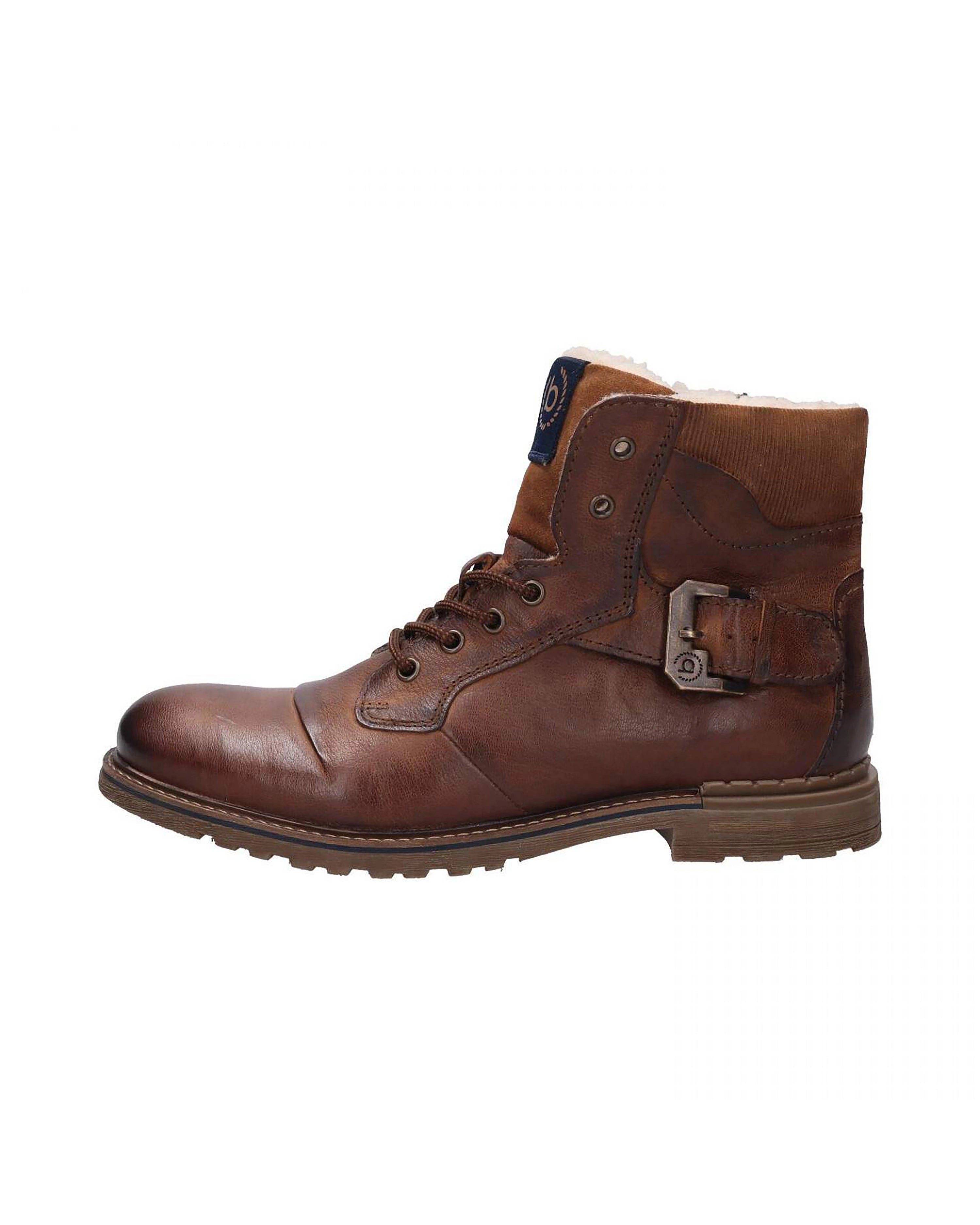 Brown leather boots, side view, robust design with buckle, bugatti style and quality.