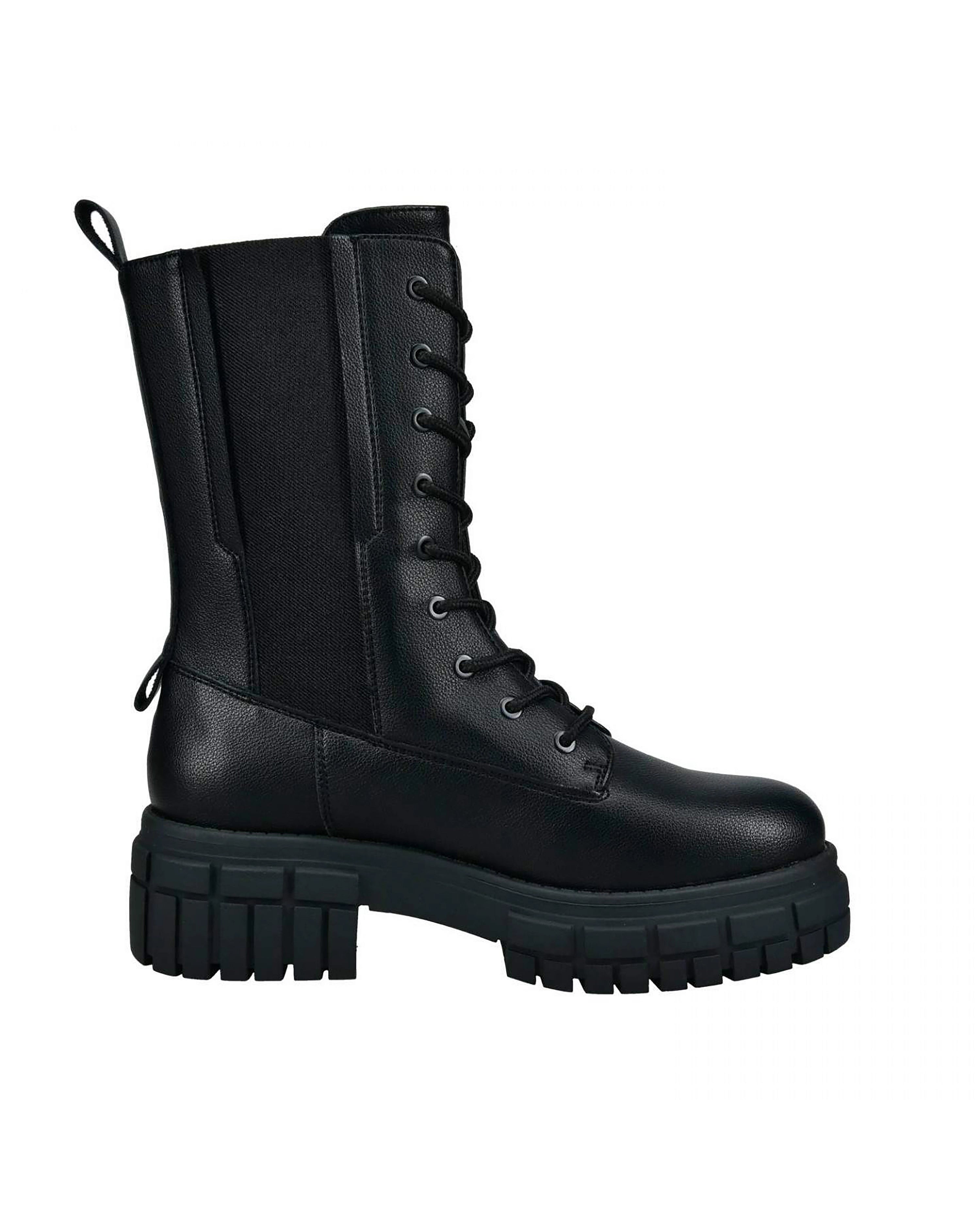 Schwarzer bugatti Stiefel, robustes Design, seitliches Profil, ohne Muster, Büstenbild.