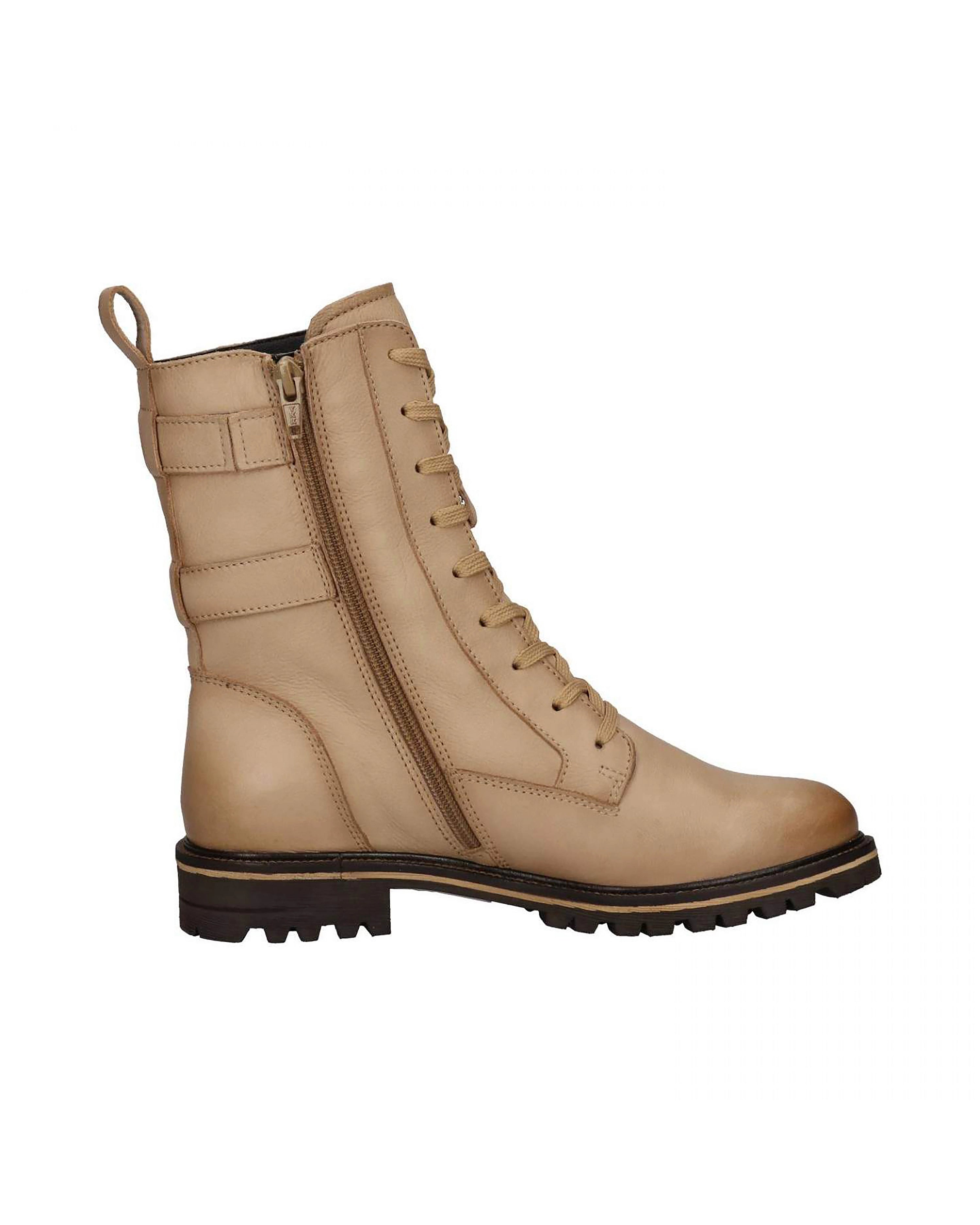 Beiger bugatti Stiefel mit Schnürung und seitlichem Reißverschluss, stabiler Sohle, seitlich abgebildet.