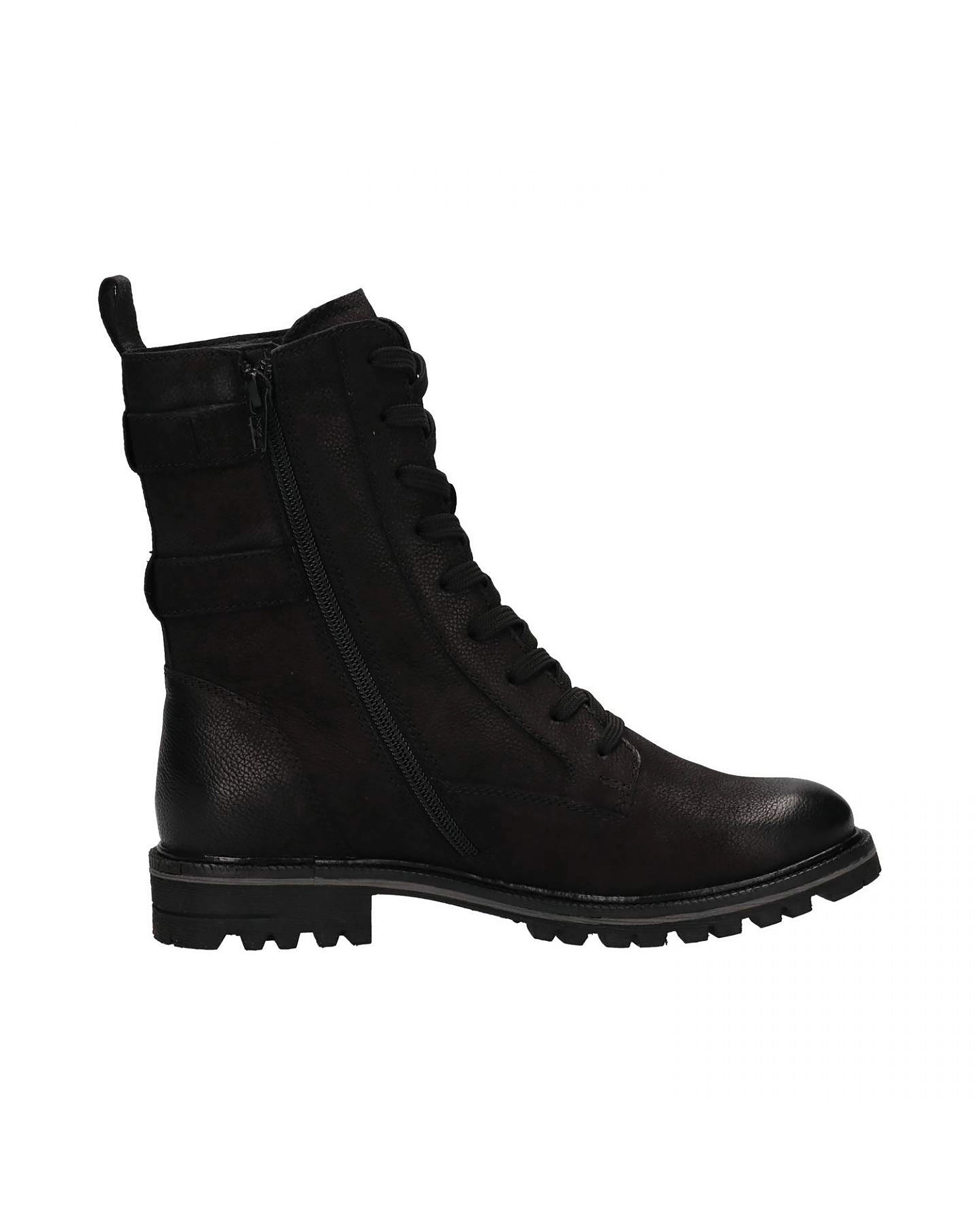Black bugatti boot with laces and zipper, robust design, side view.