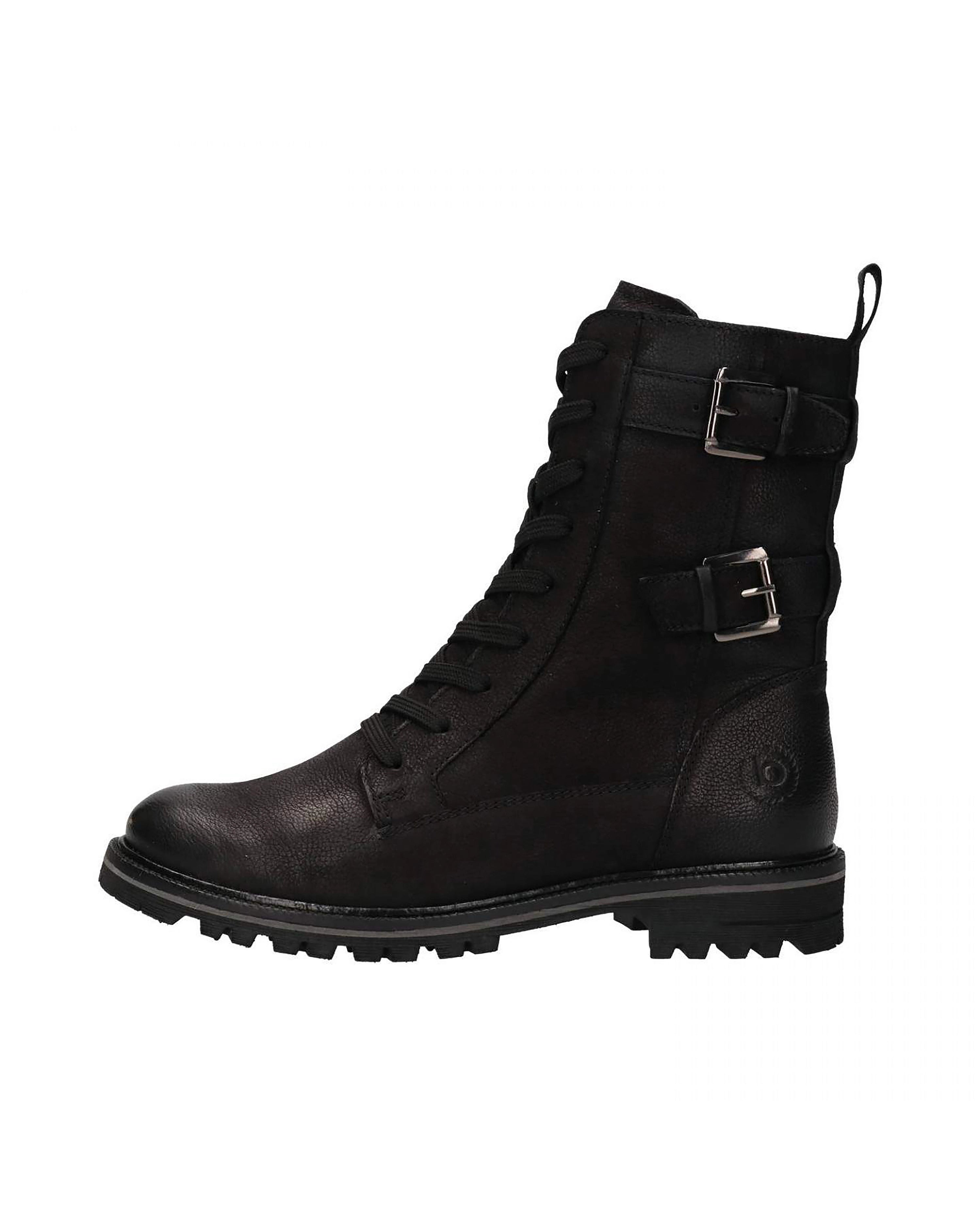 Black bugatti boot with buckles and laces, robust design, portrait.