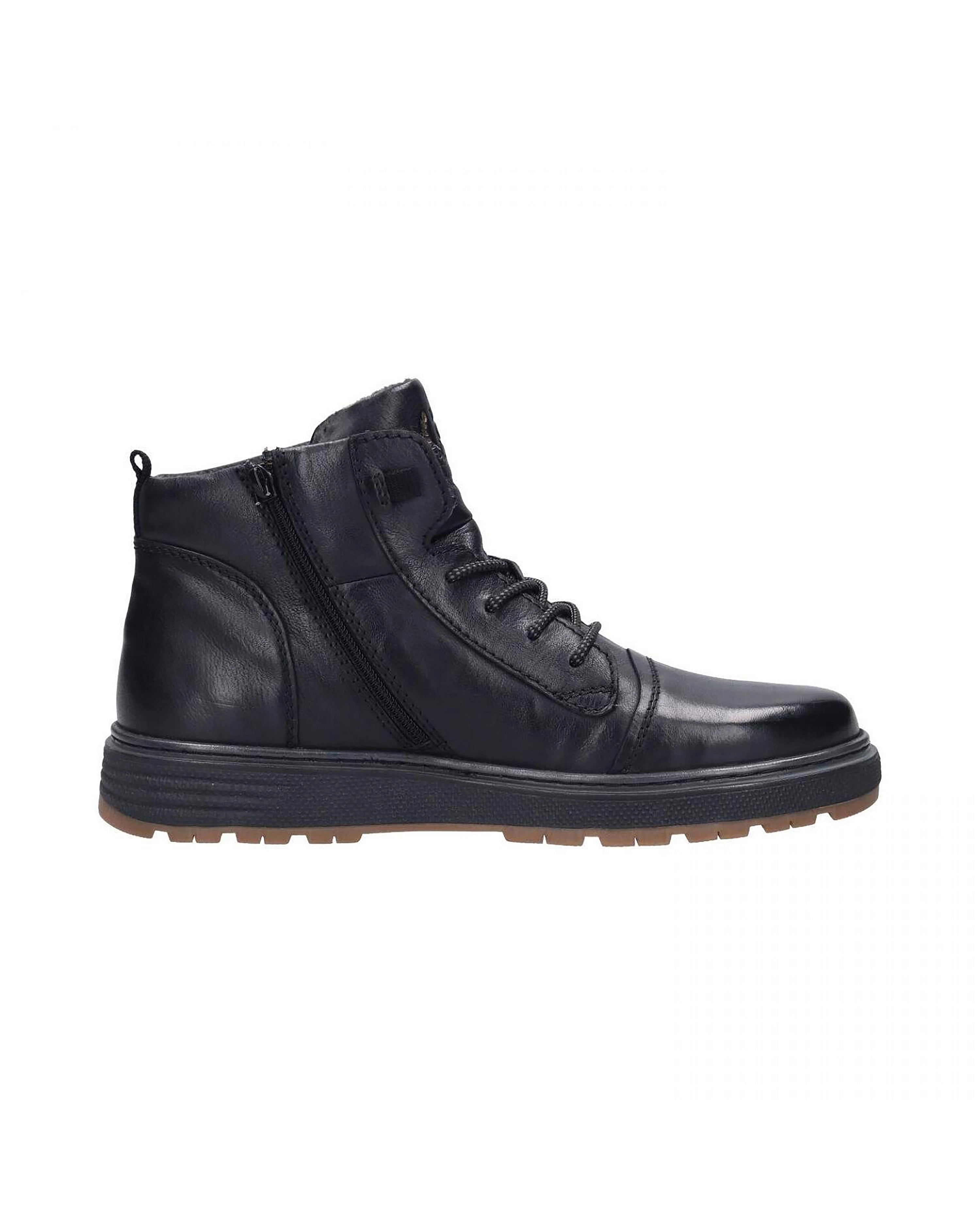 Schwarzer bugatti Stiefel aus Leder mit Schnürung und seitlichem Reißverschluss, legeres Produktbild.