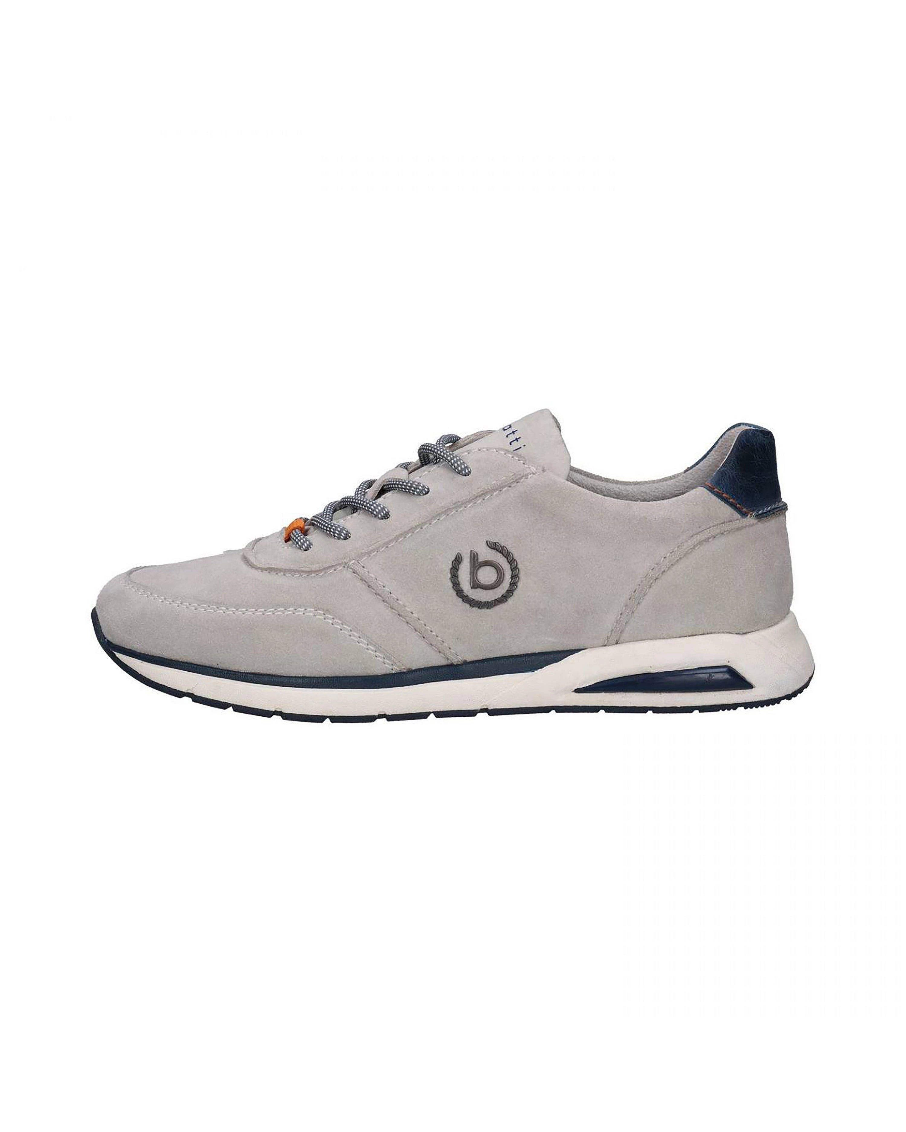Gray bugatti suede sneakers, side view, sporty-elegant, with dark blue accents.