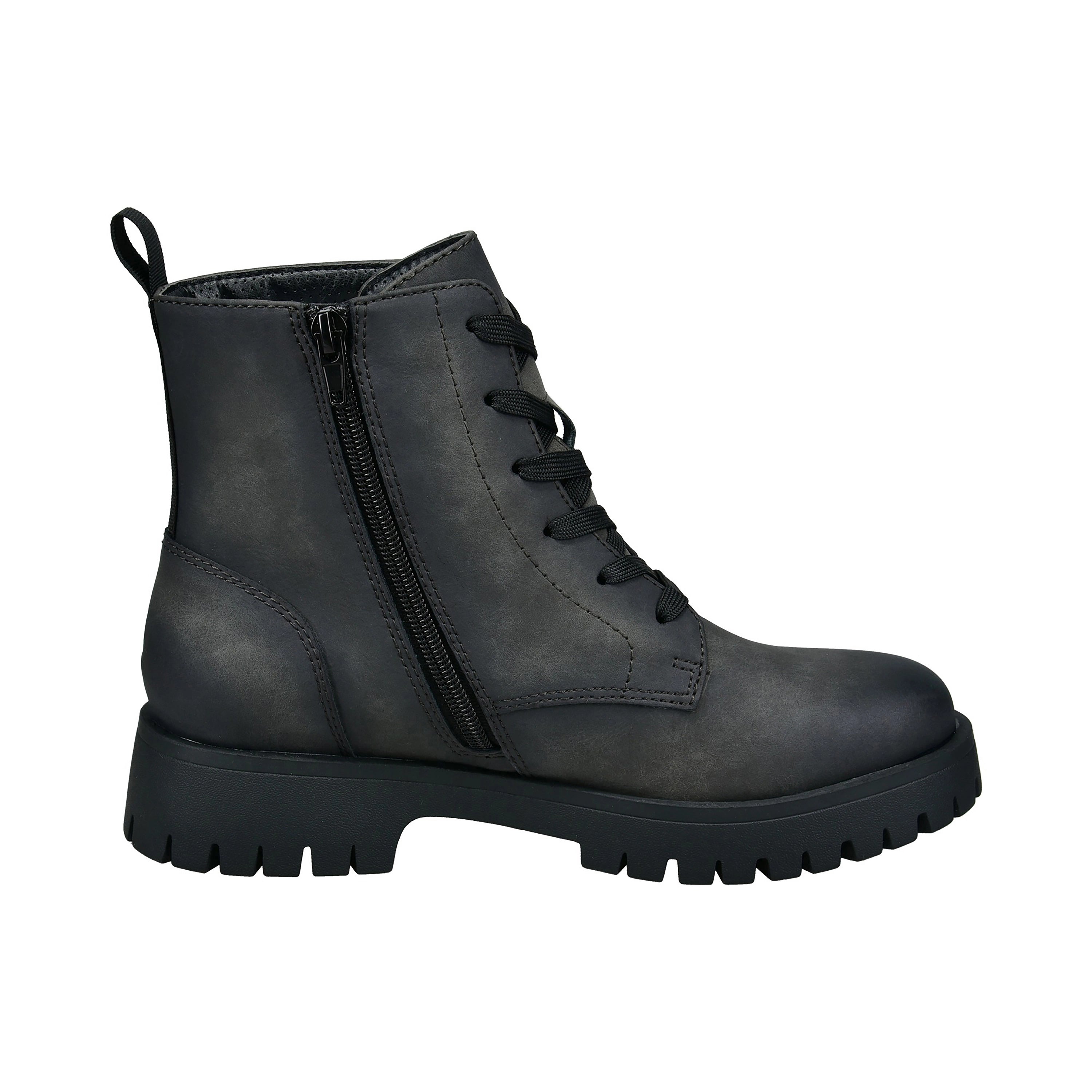 Schwarzer bugatti Stiefel mit Schnürung und Reißverschluss, robustes Design, seitliche Ansicht.