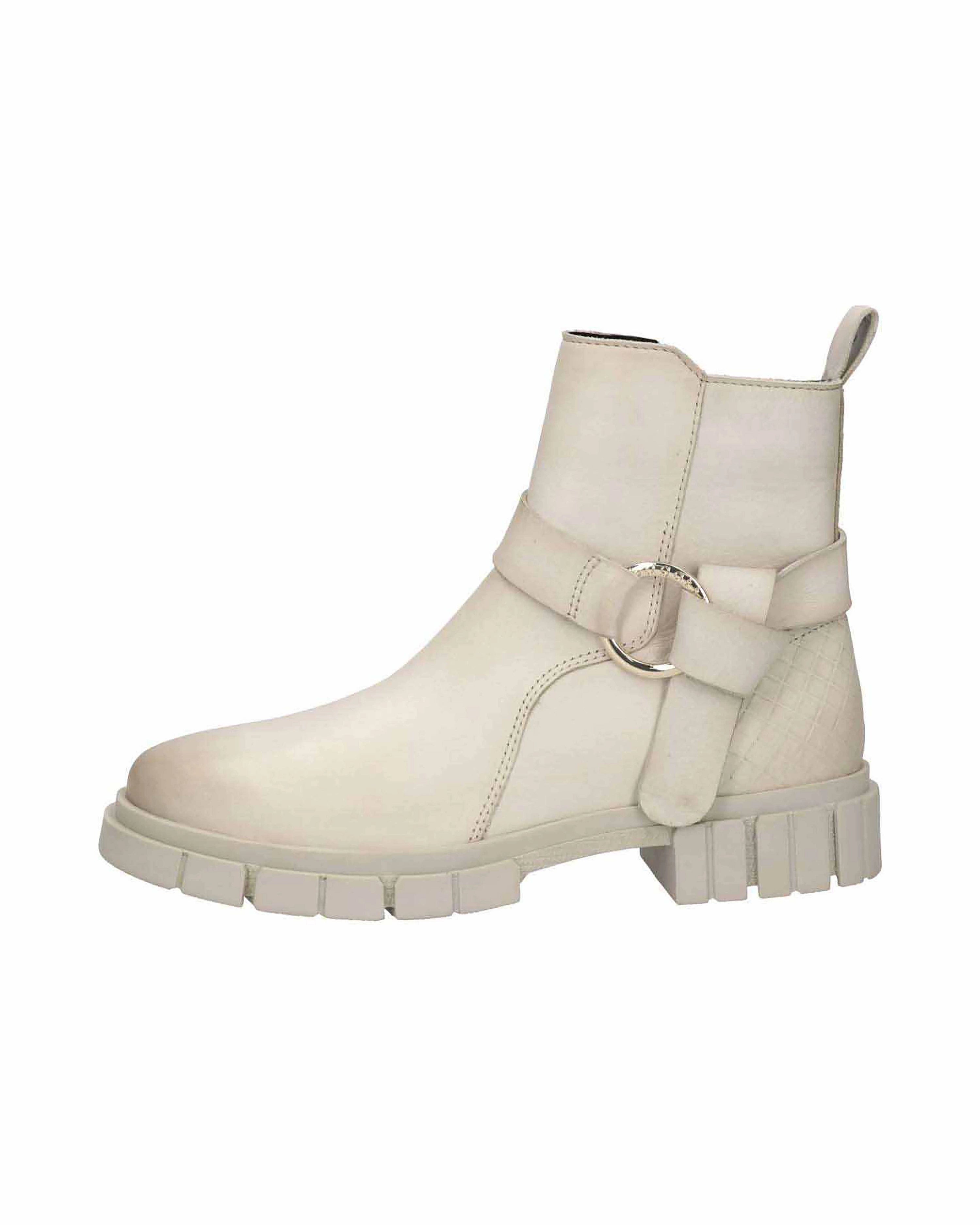 Beiger bugatti Stiefel mit Schnalle und Blockabsatz, Büstenbild, schlichte Eleganz.
