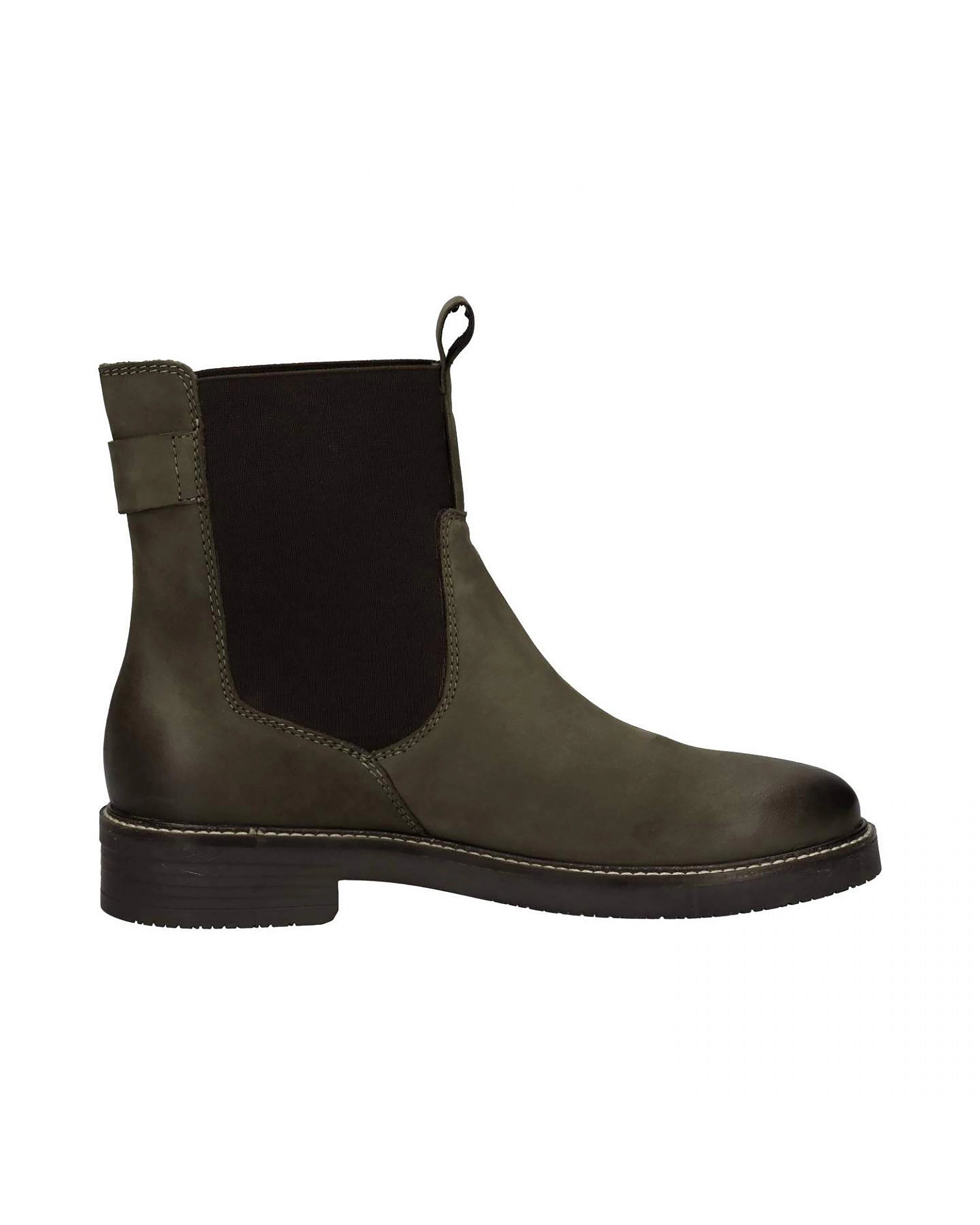 Olive green Chelsea boot, side view, elegant design, classic bugatti style.
