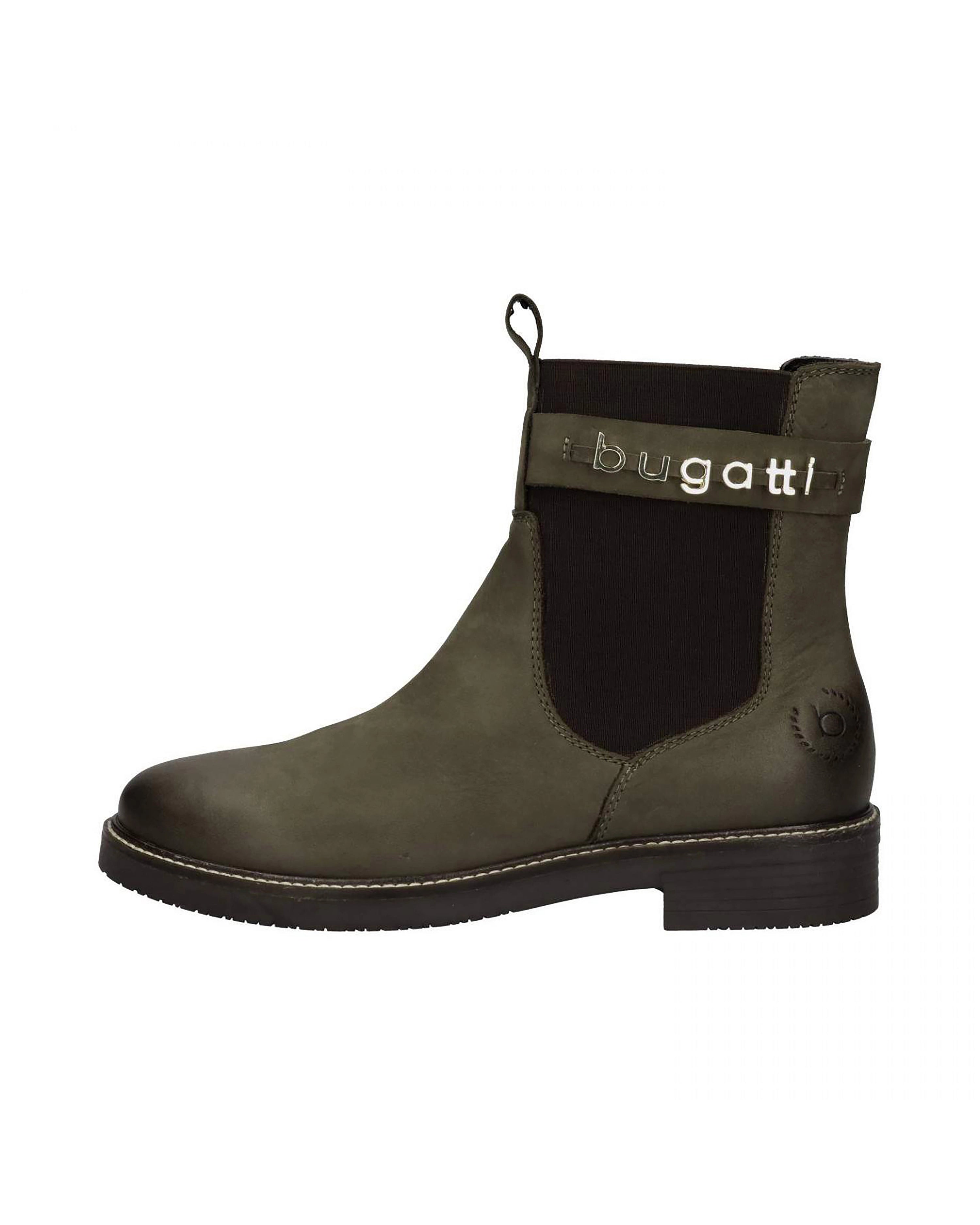 bugatti olive green Chelsea Boot, side logo detail, casual style.