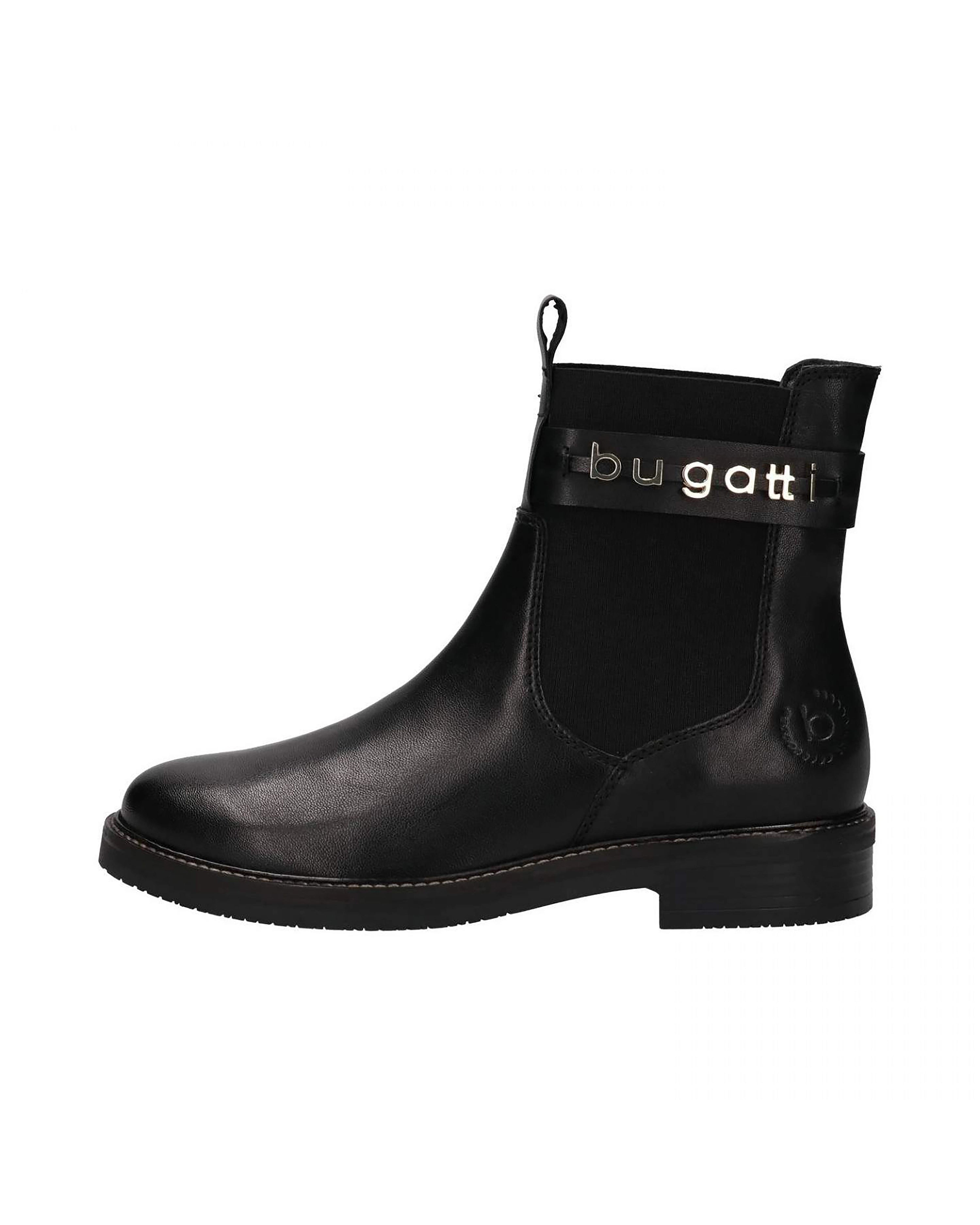 Black bugatti Chelsea boot, side view, with logo detail