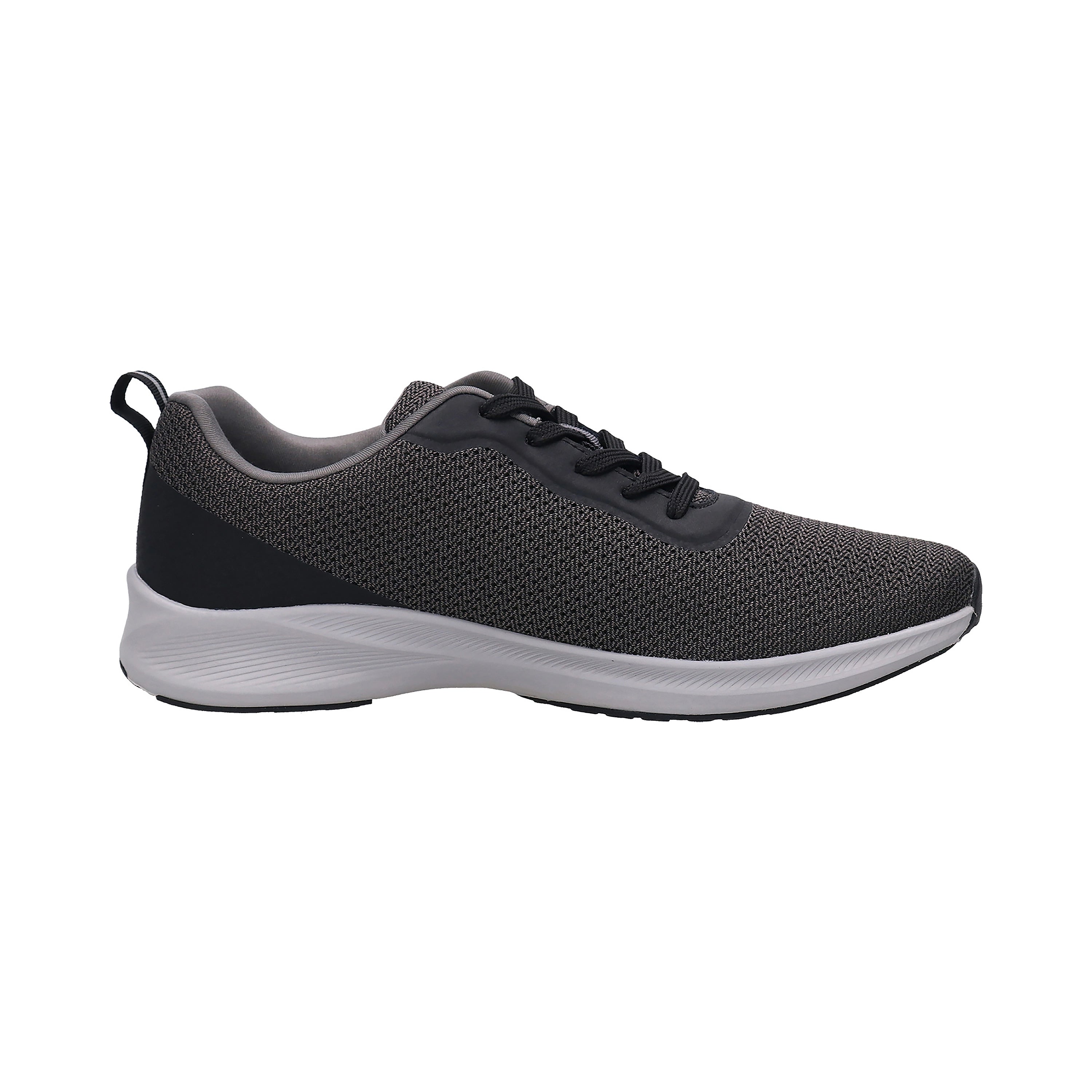 Grauer bugatti Sneaker, legeres Design, Seitenansicht, Textilstruktur, schwarzer Akzent, weiße Sohle.