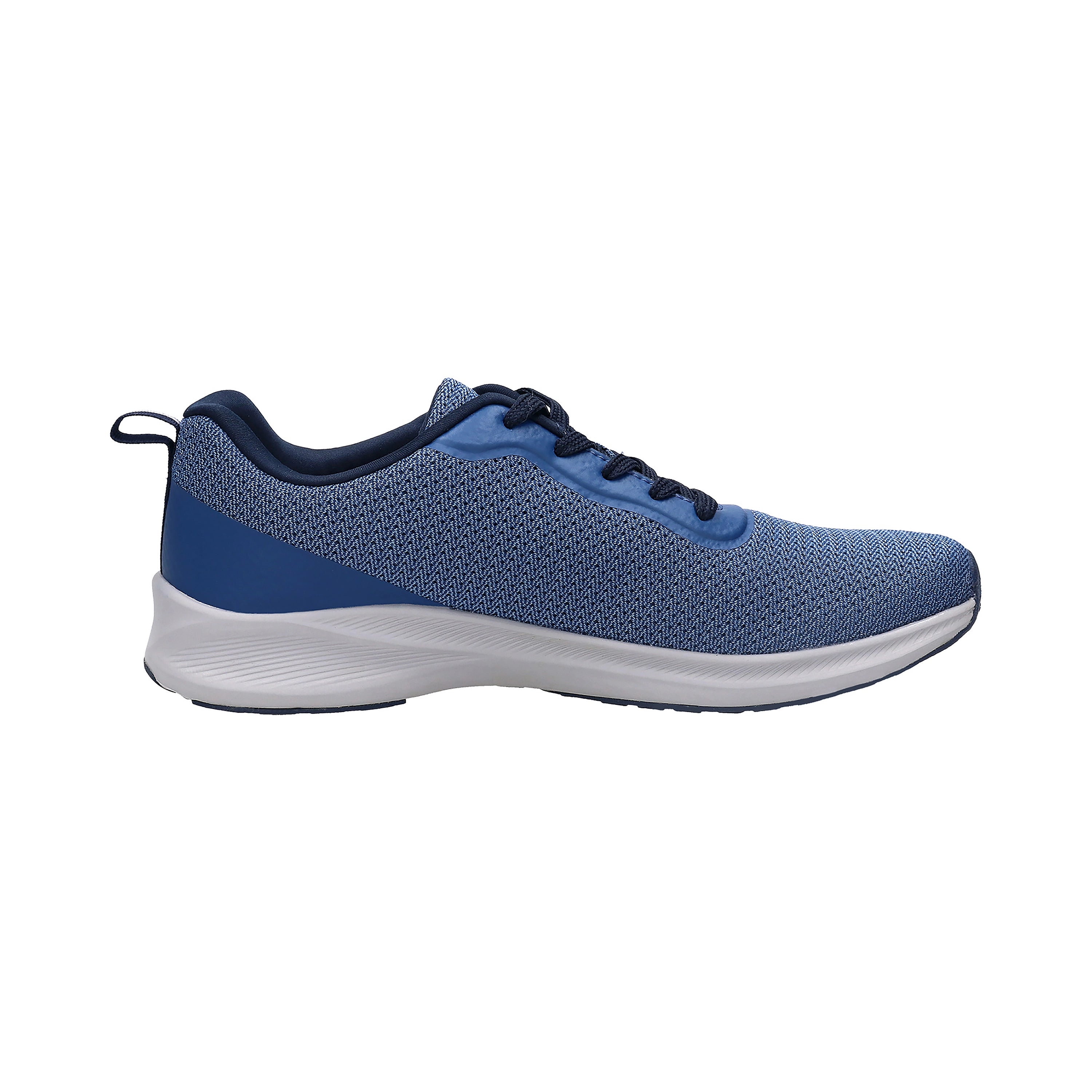 Blauer bugatti Sneaker mit weißer Sohle und feinem Muster, seitlich präsentiert.