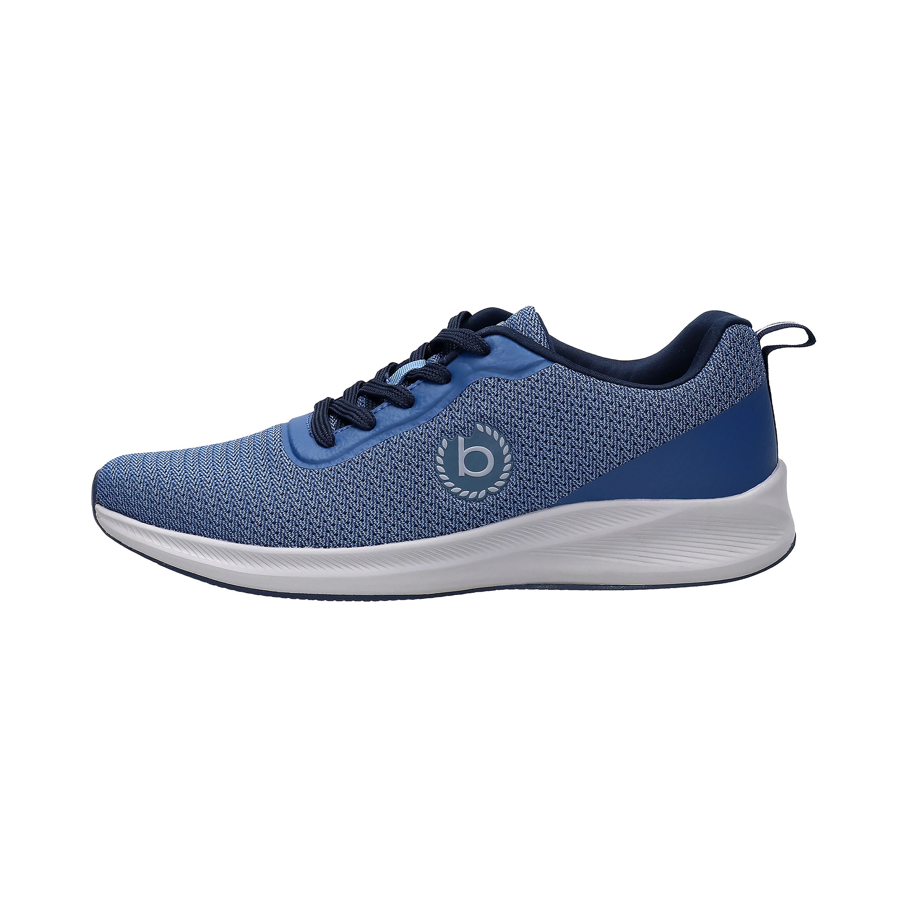 Blauer bugatti Sneaker mit Muster und weißer Sohle, seitlicher Blick, sportlich-elegantes Design.