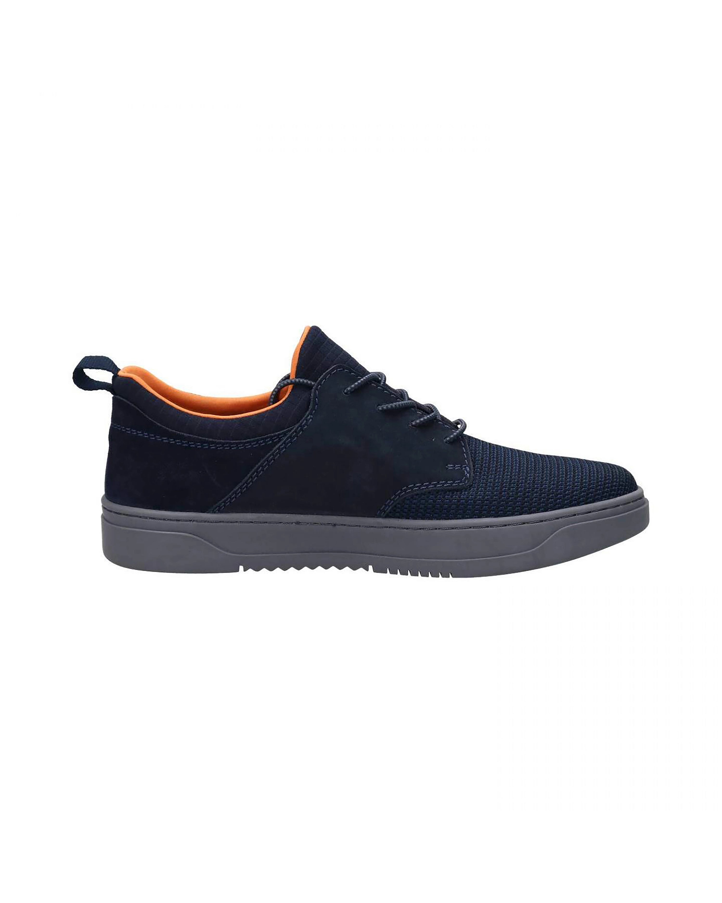 Navy bugatti sneaker, side profile, orange accents, timeless design.
