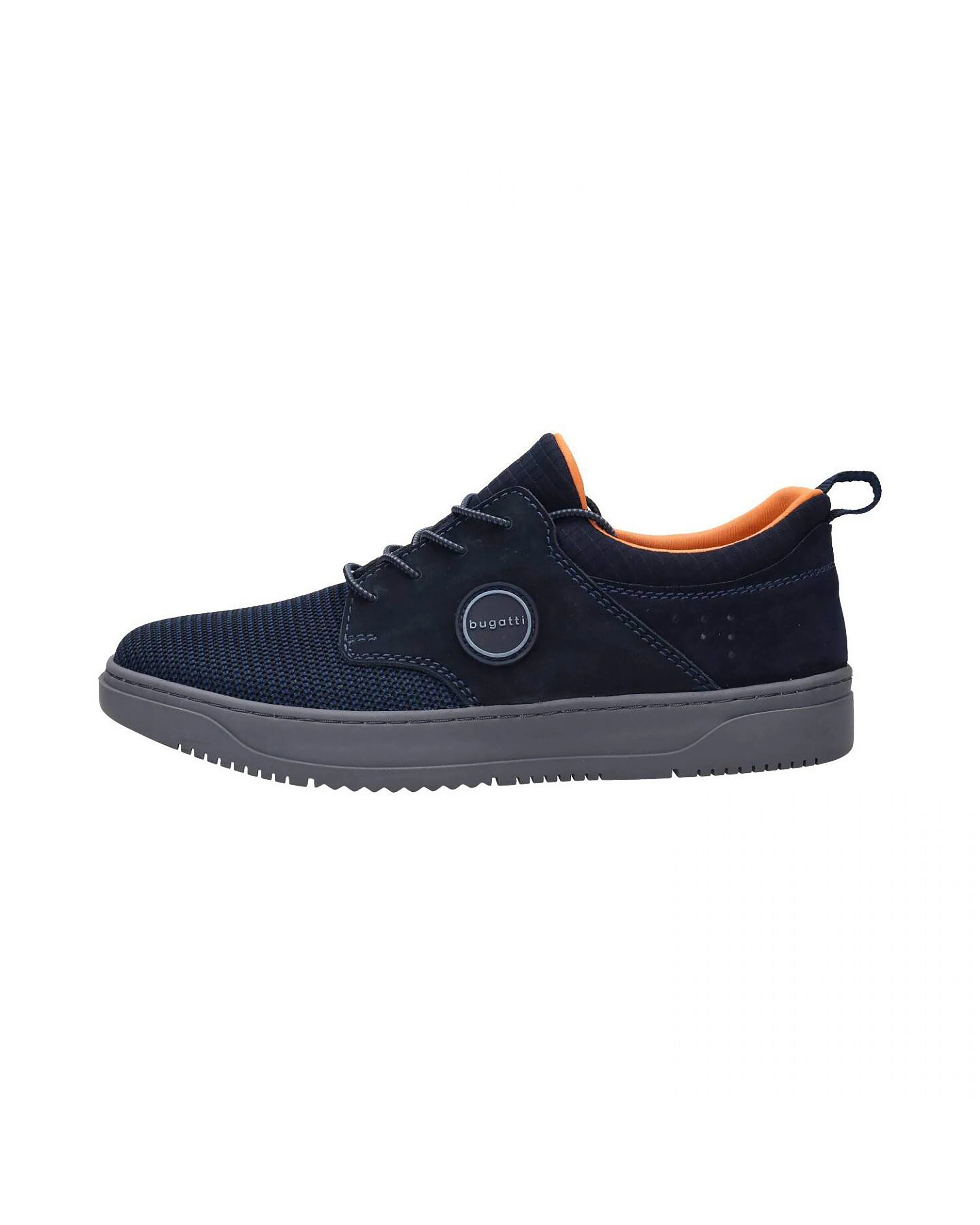 bugatti dark blue sneaker, mesh and suede mix, side view, casual design.