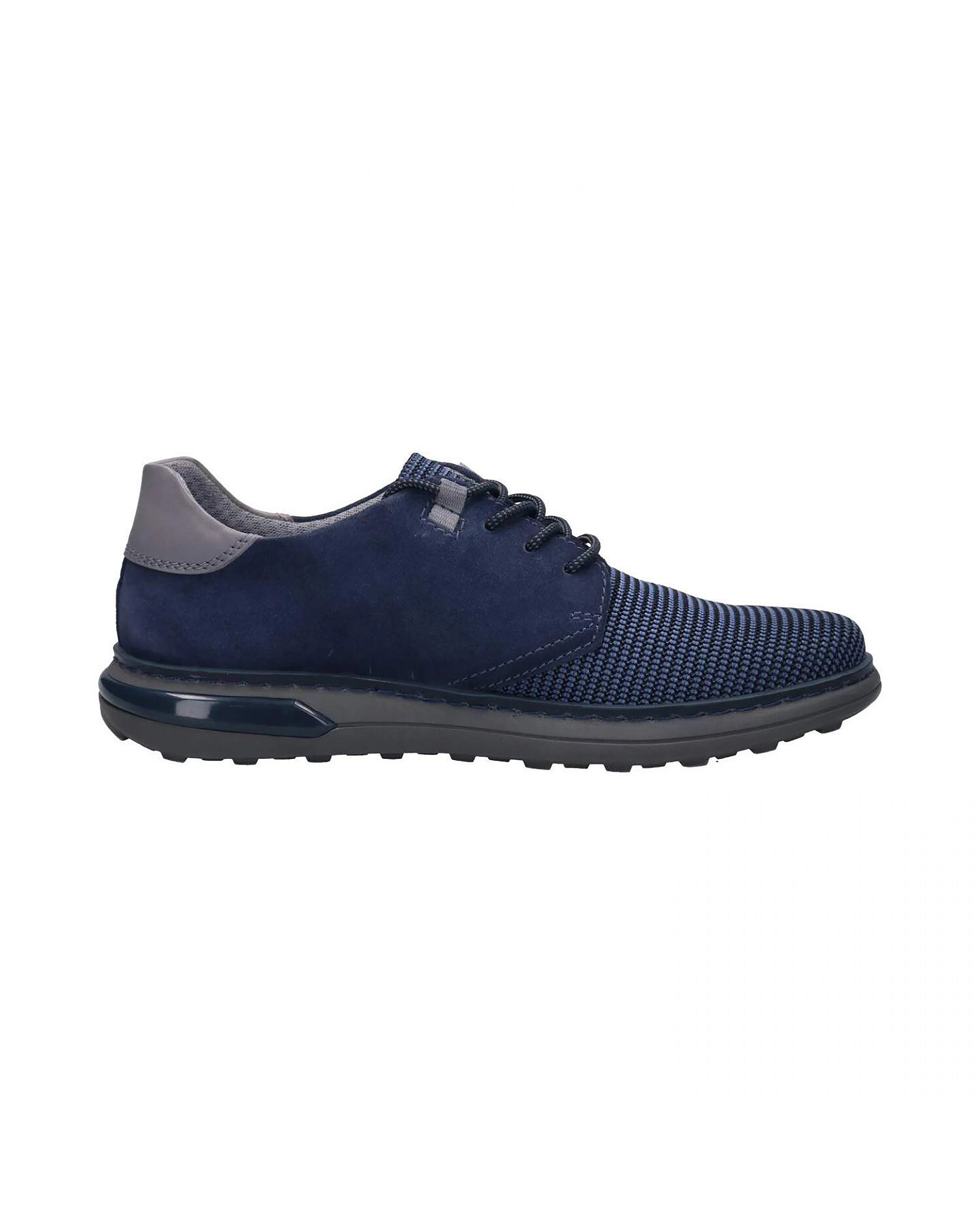 Navy bugatti Sneaker, Textil und Leder, seitliche Ansicht, lässig-elegantes Design.