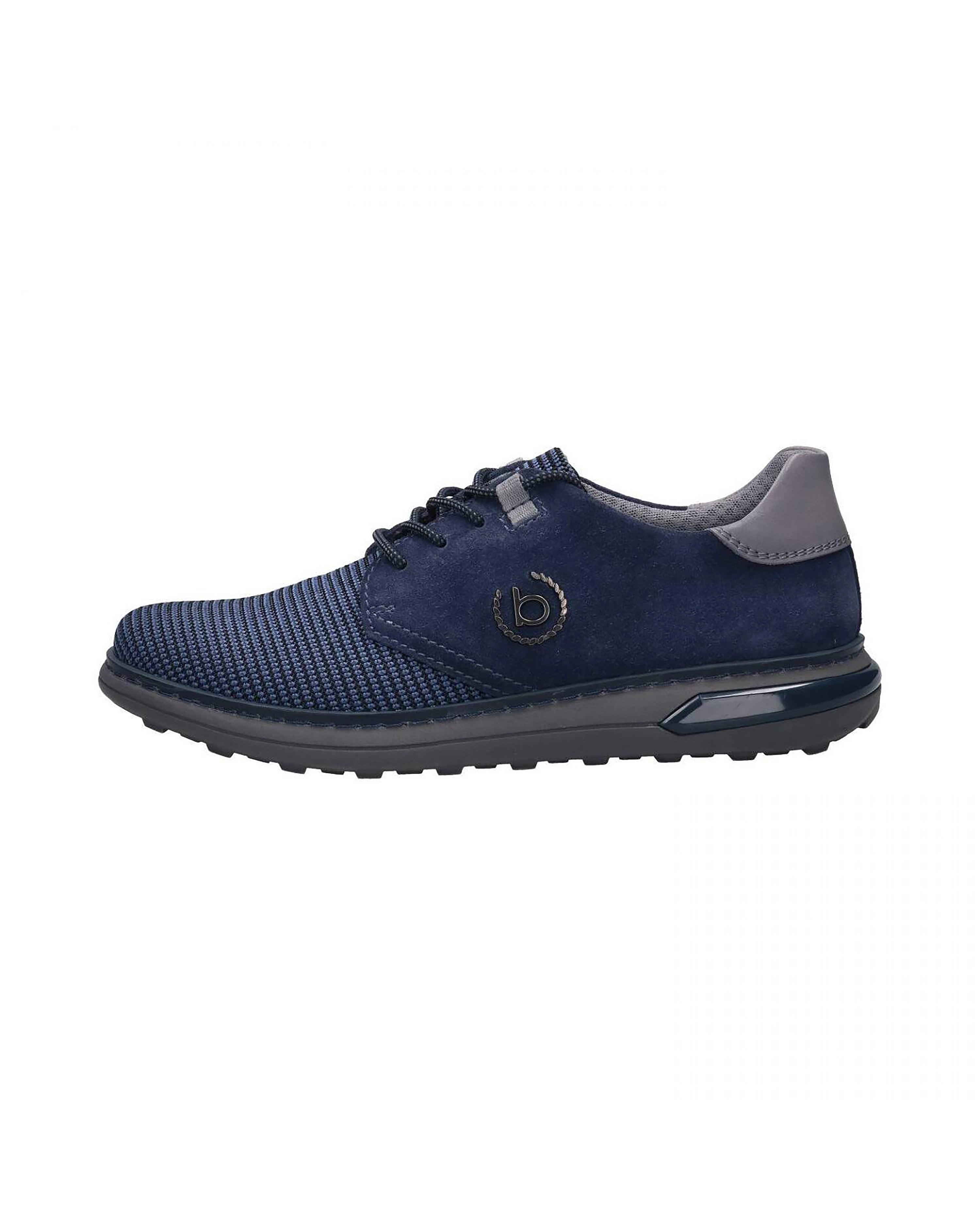 Dunkelblauer bugatti Sneaker, Textil und Wildleder, Seitenansicht, elegantes Design, hochwertige Materialien.