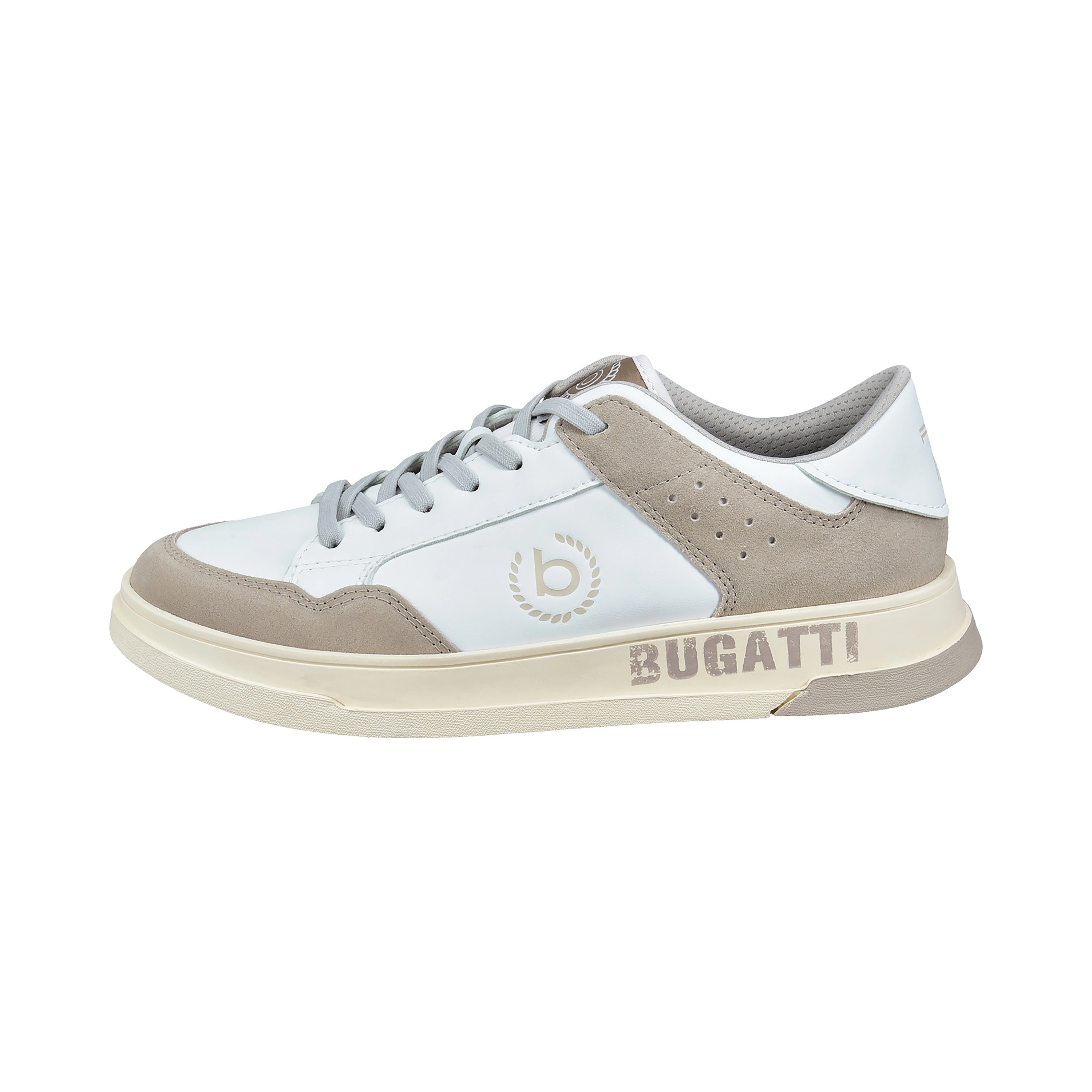 bugatti Sneaker in Weiß und Beige, Seitenansicht, sportlich-elegantes Design mit Logo, Büstenbild.