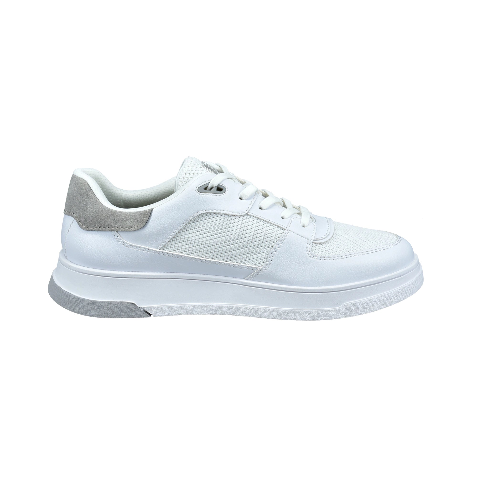 Weißer bugatti Sneaker mit grauem Akzent, Seitenansicht, sportlich-elegantes Design.