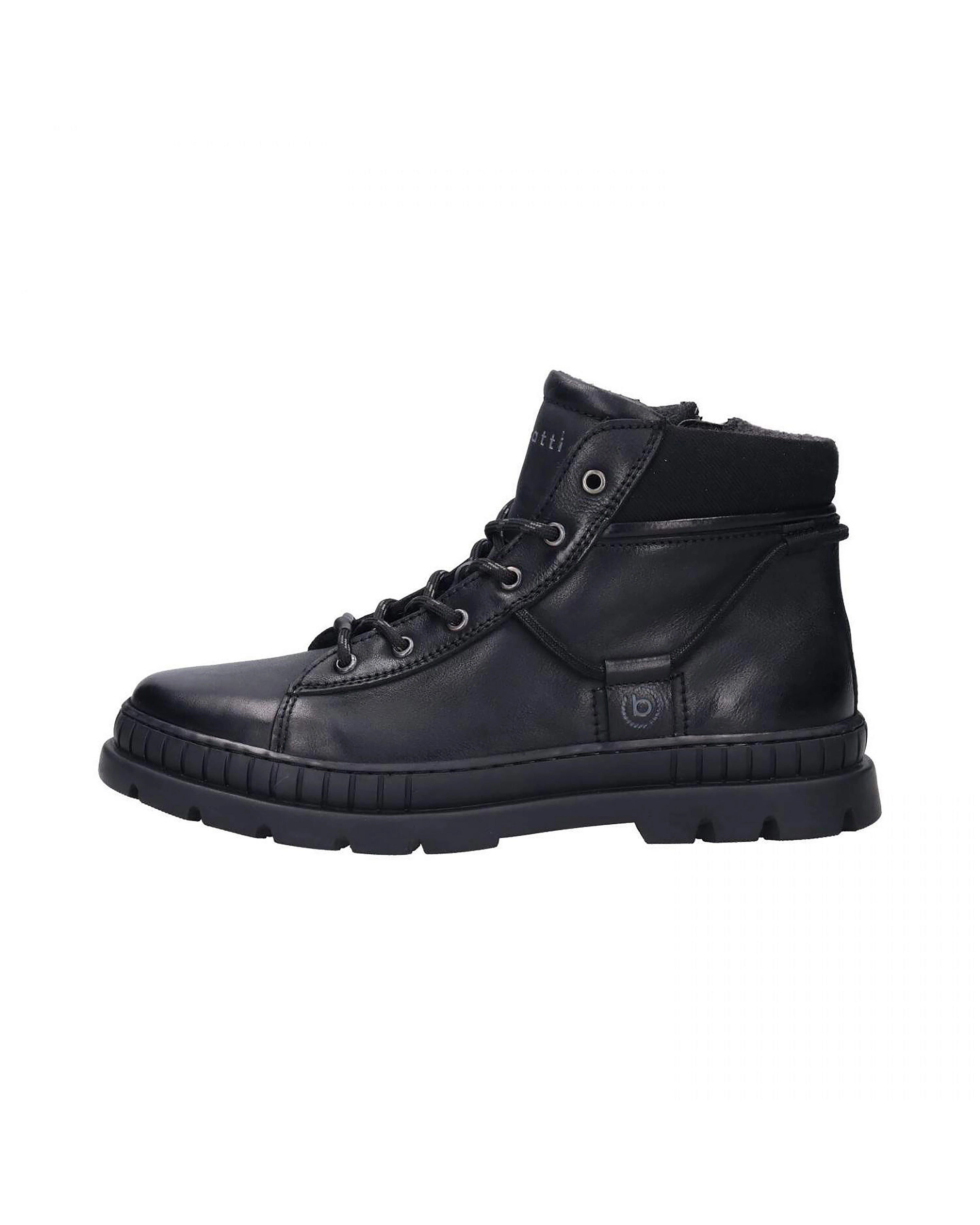 Schwarzer bugatti Stiefel, seitlich, mit Schnürung und robustem Design, ohne Model.