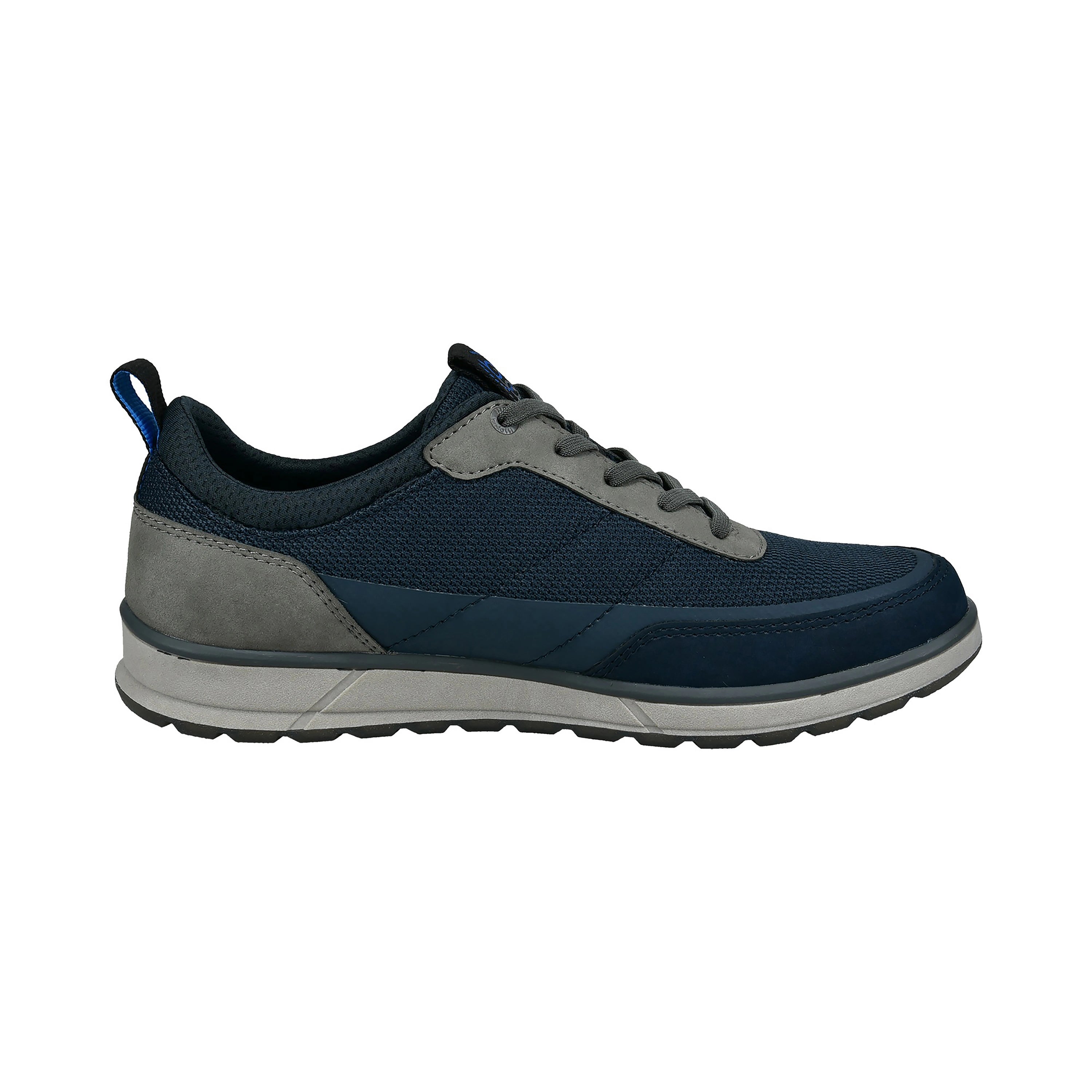 bugatti sneakers in blue and grey, sporty design, side view.