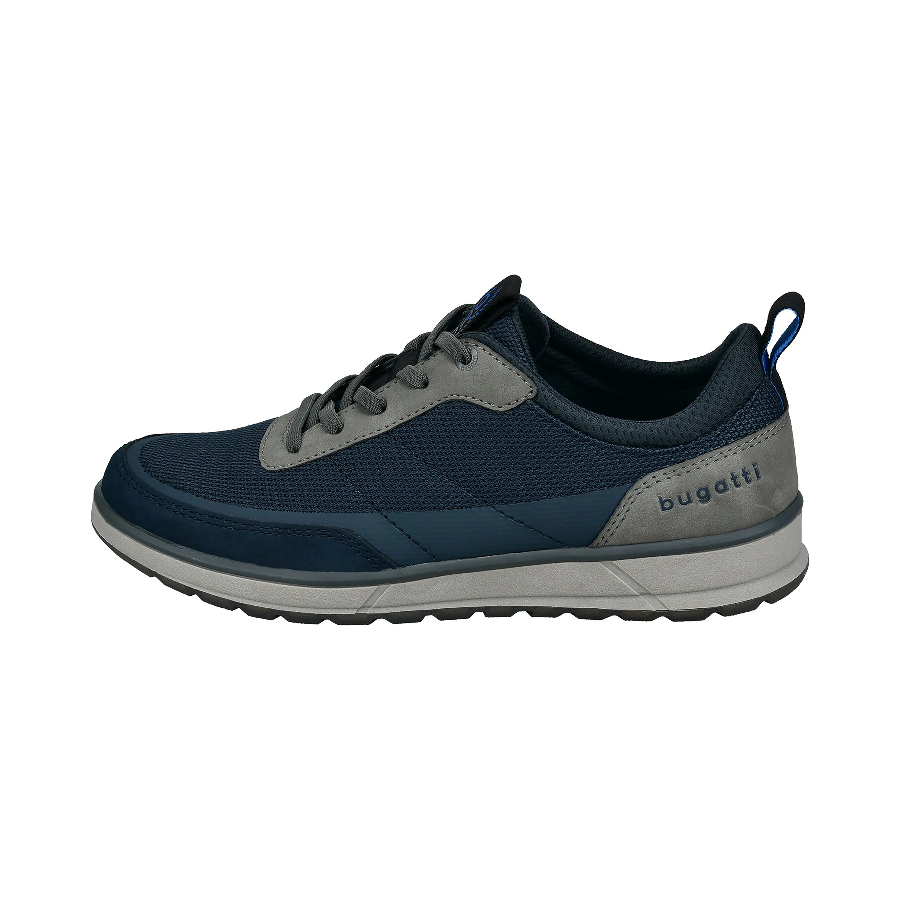 bugatti sneaker, dark blue-gray, side view, sporty-elegant, high-quality, with logo detail.