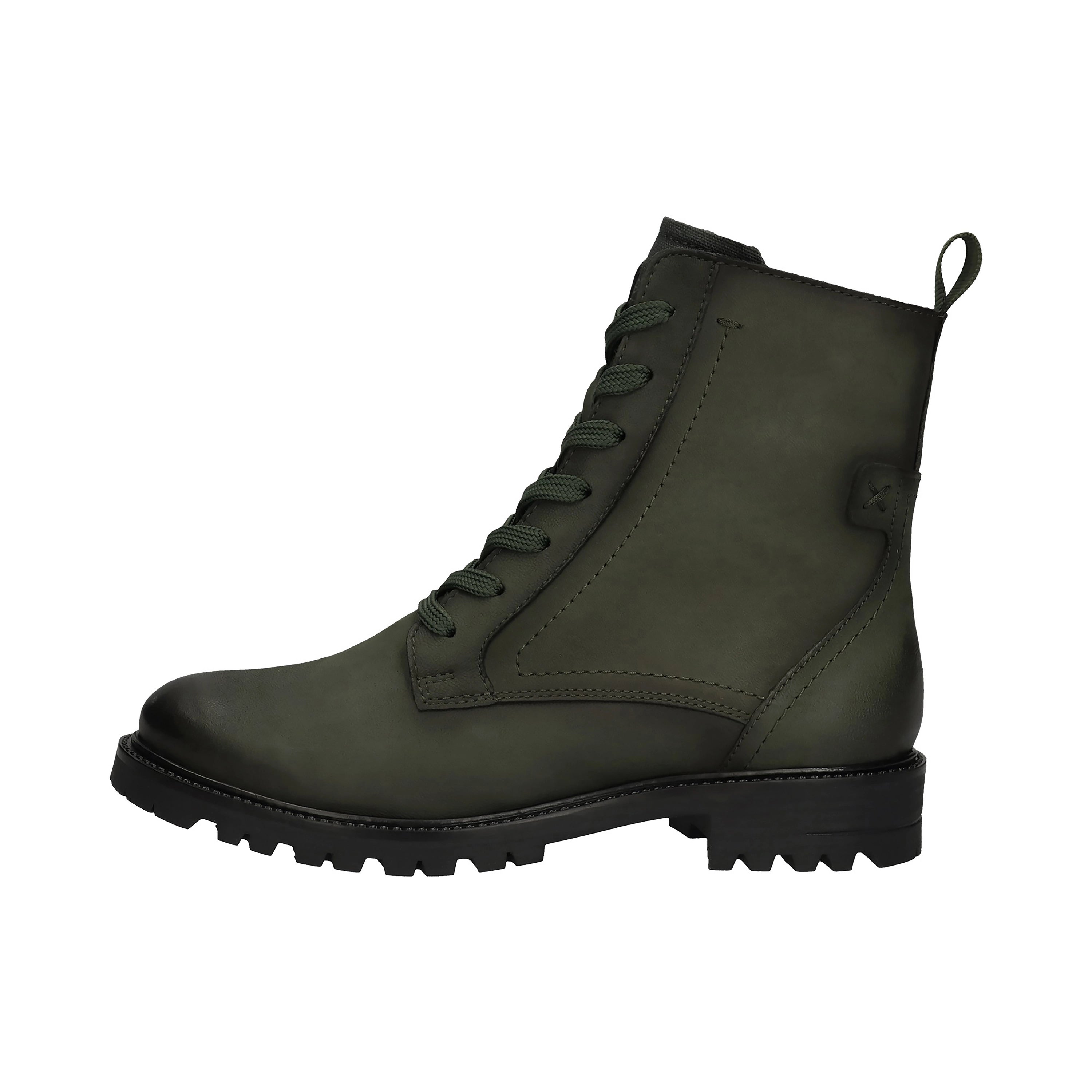 Grüner Schnürstiefel von bugatti in Seitenansicht, robustes Design, ideal für urbanes Abenteuer.