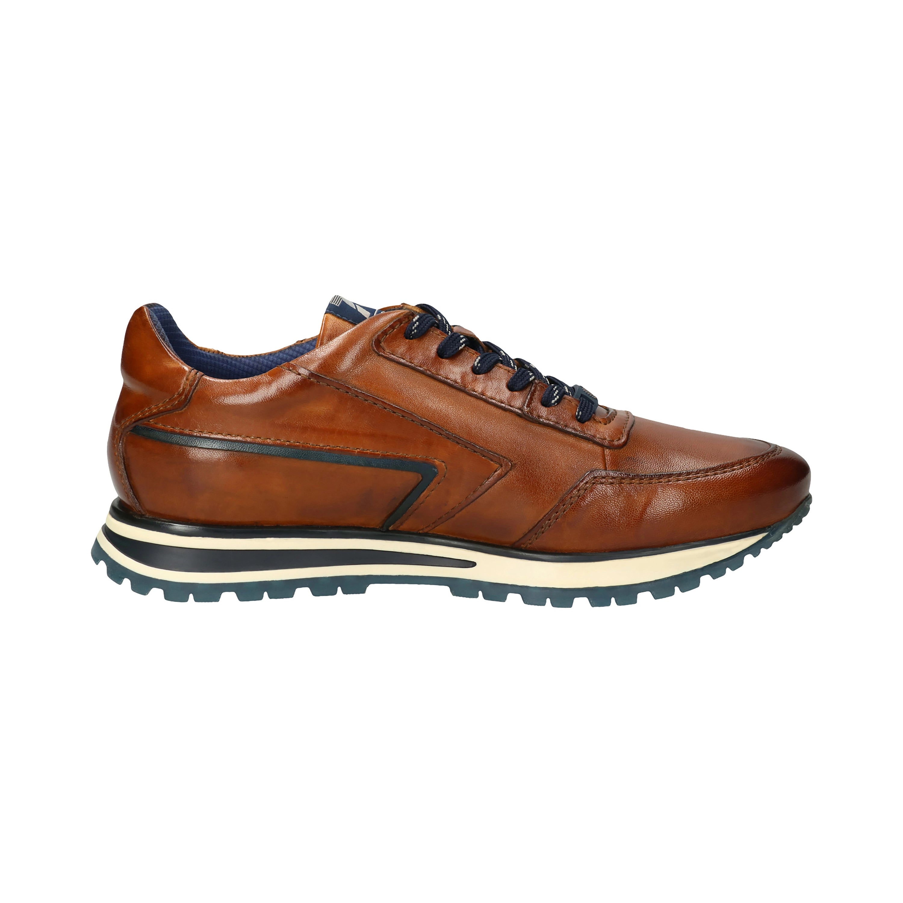 Brown bugatti leather sneaker, side view, sporty design.