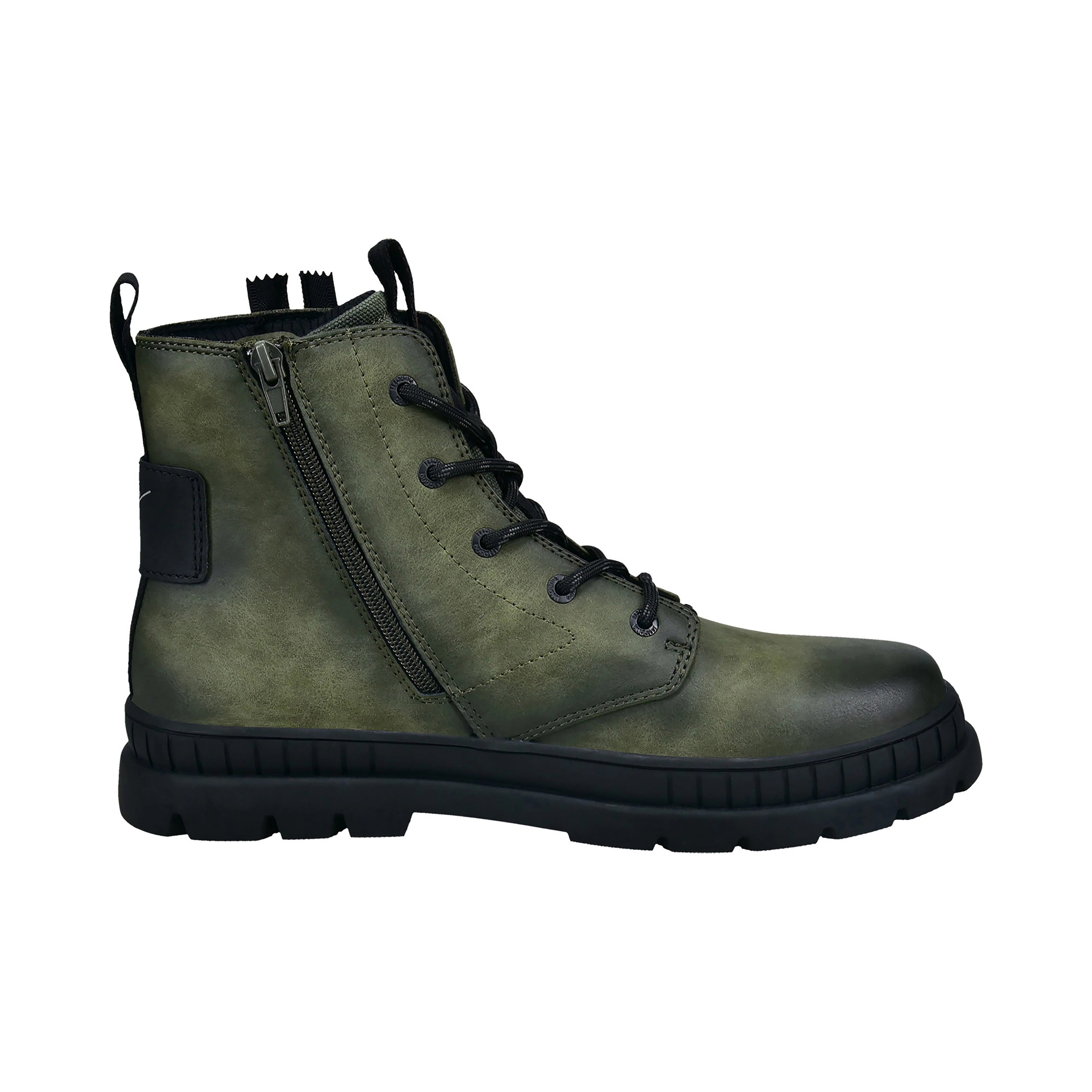 Grüner bugatti Stiefel mit schwarzer Sohle und Schnürung, seitlicher Reißverschluss, legeres Produktbild.