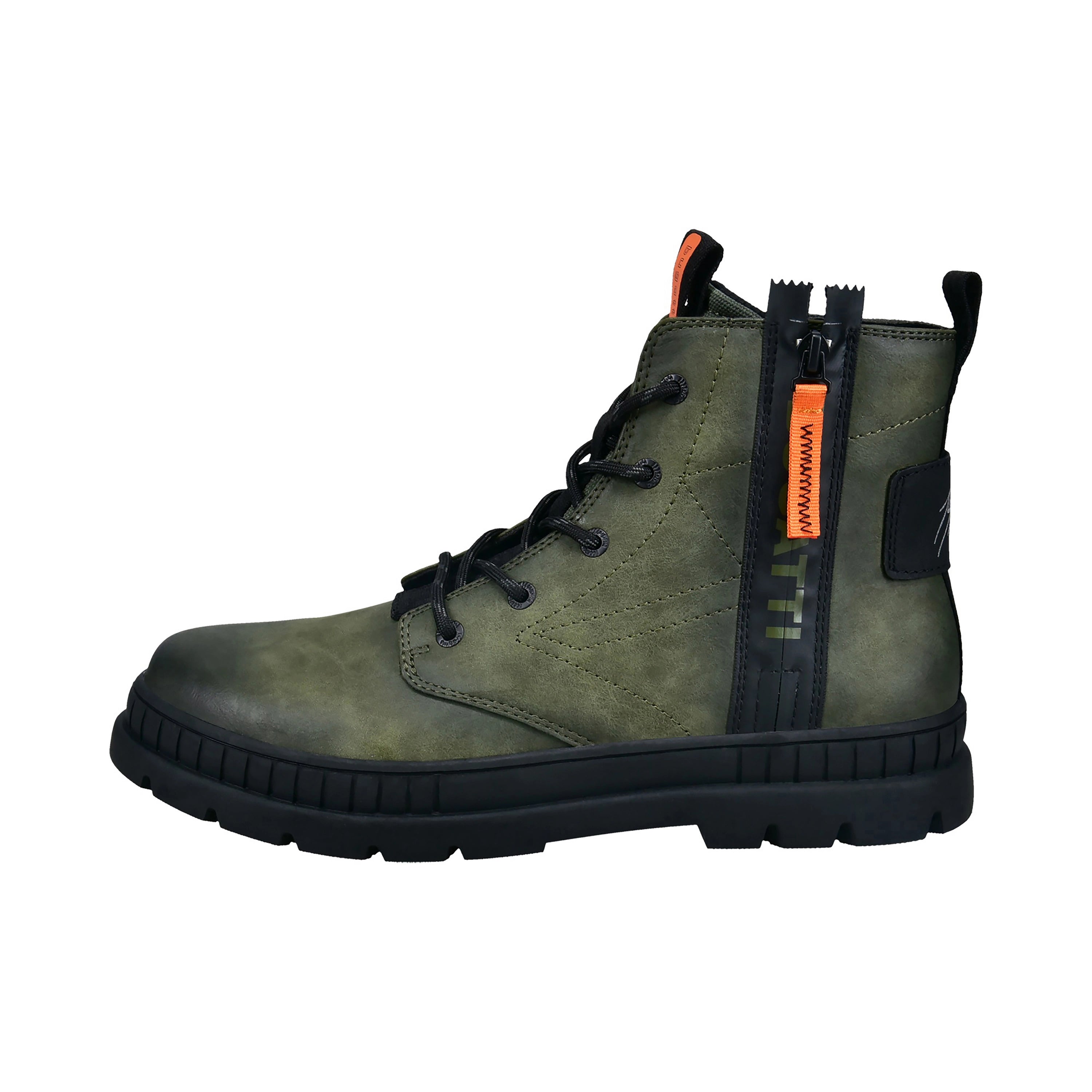 Grüner bugatti Stiefel mit schwarzer Sohle und Schnürung, seitlicher Reißverschluss, legeres Produktbild.