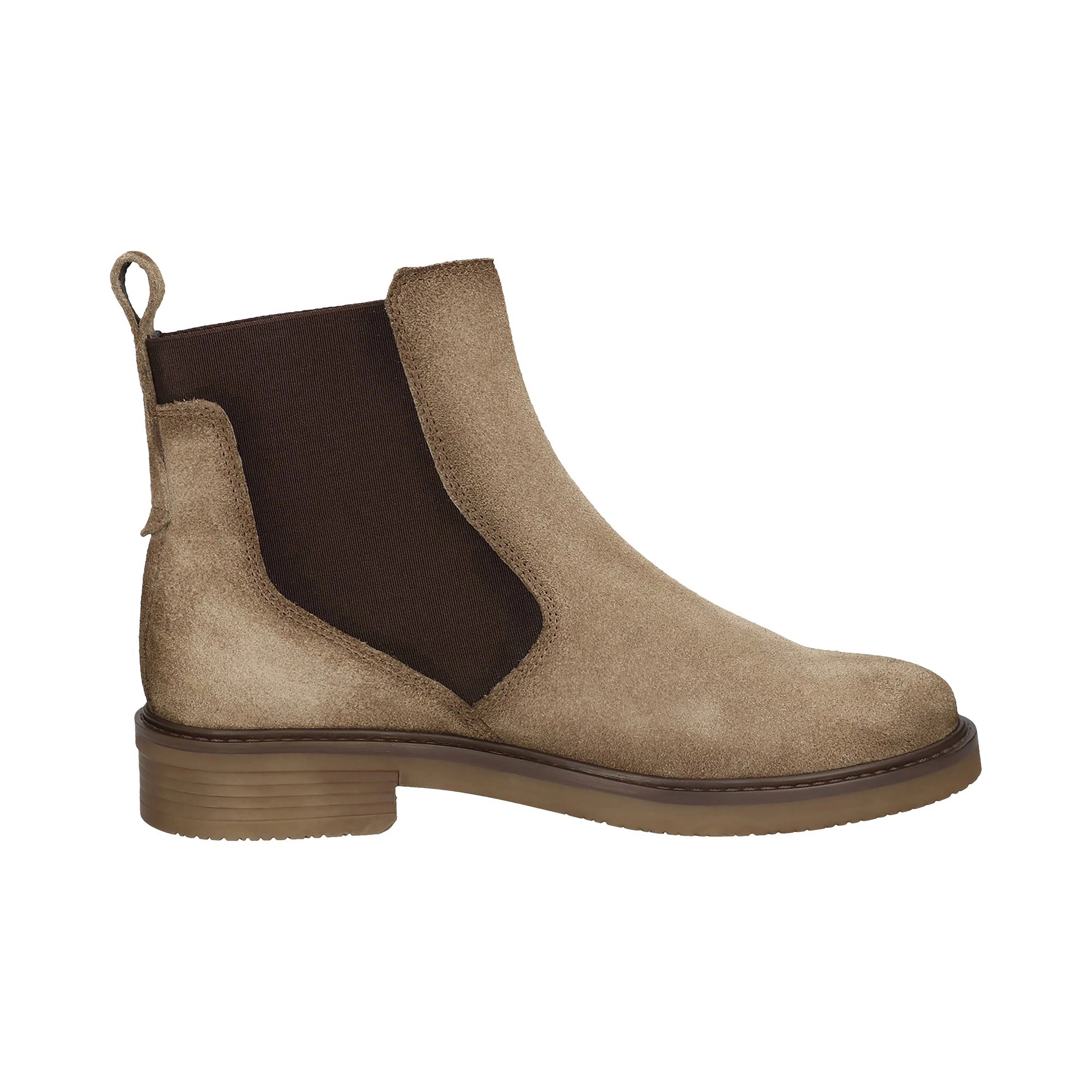 Chelsea Boot in Beige und Braun, Seitenansicht, aus hochwertigem Material. Bugatti Stil. Büstenbild.