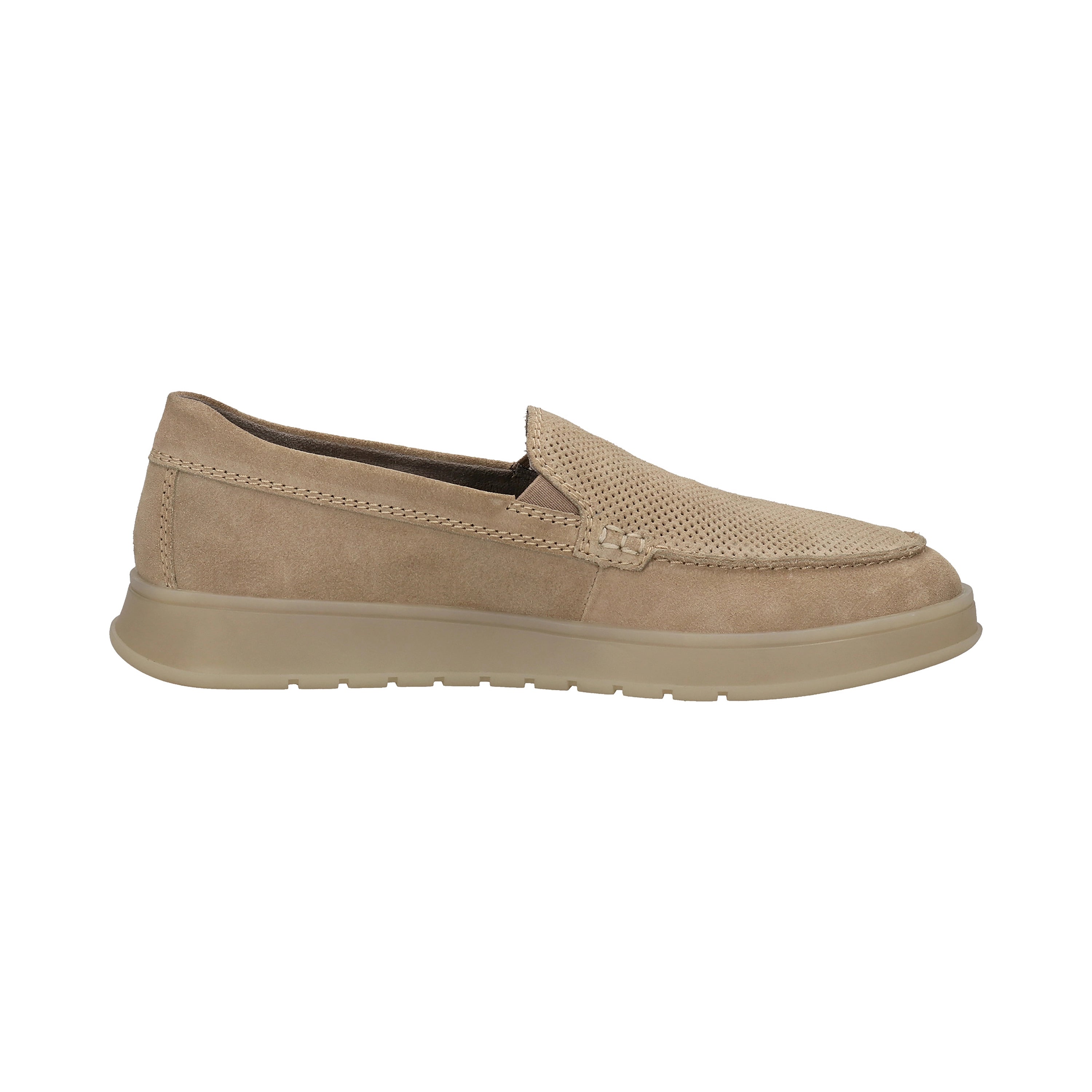 Beige bugatti suede loafer with perforated design, side view.