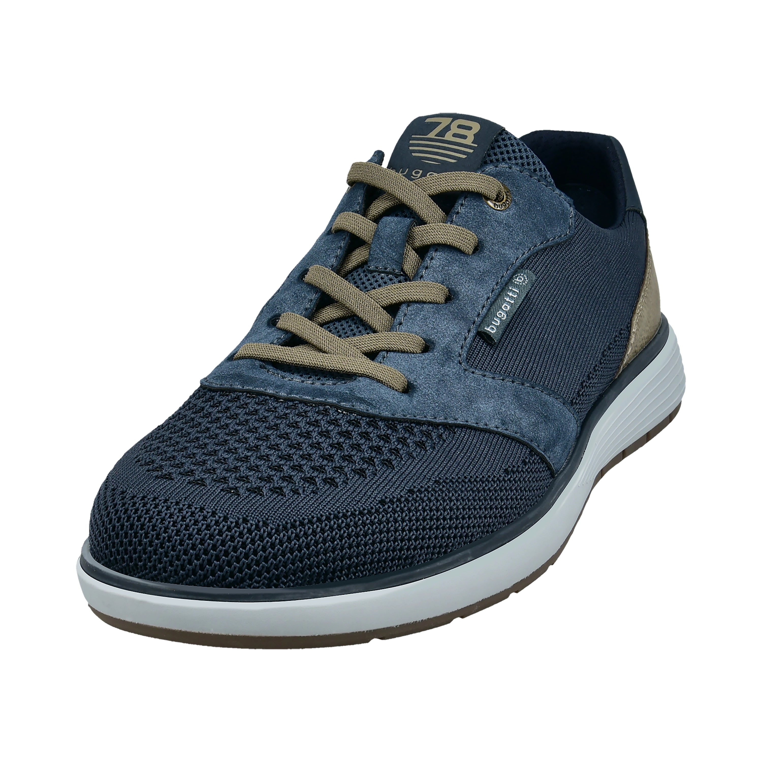Navy und beige bugatti Sneaker, Büstenbild, Textilmix mit Mesh und Wildleder-Details, sportlich-elegant.