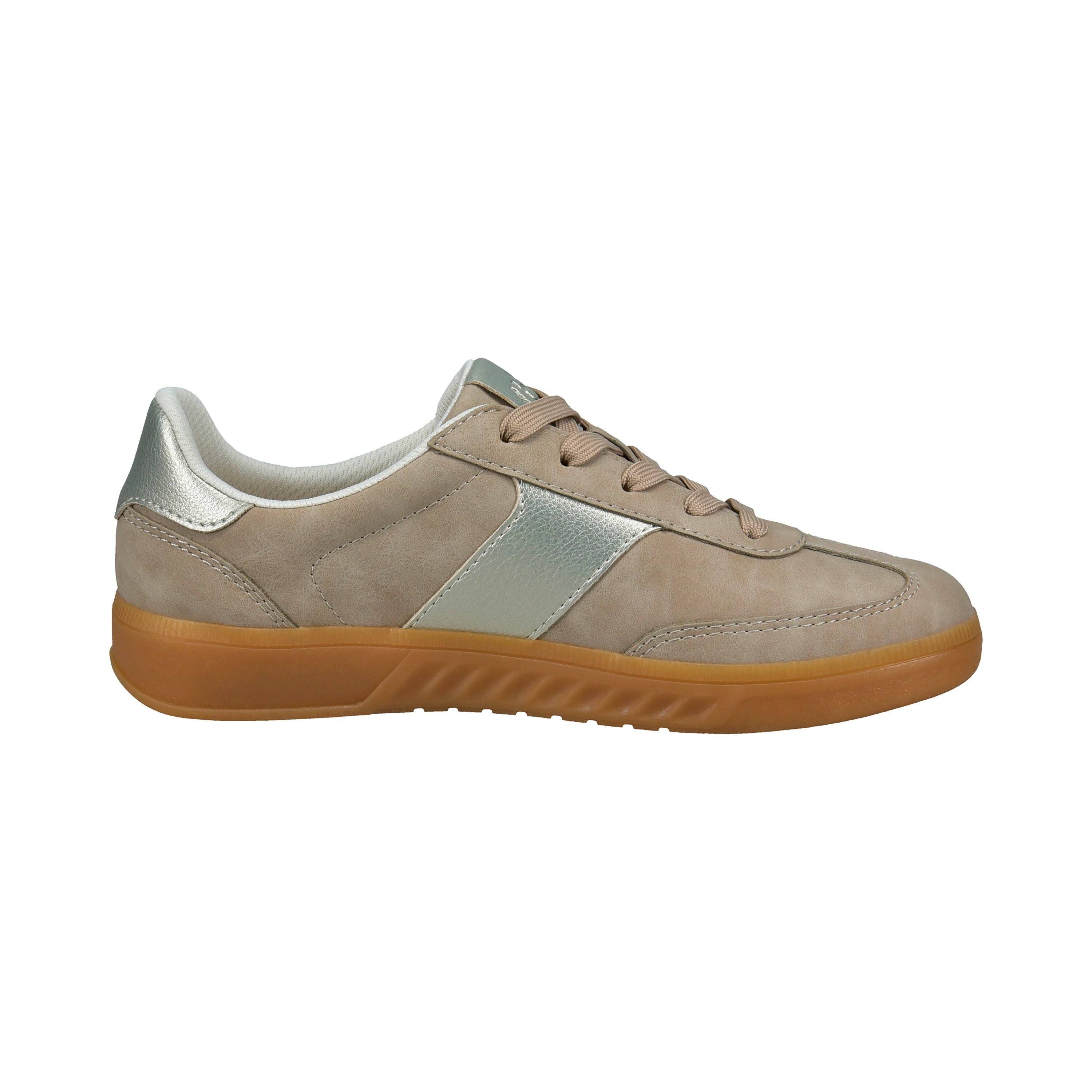 Sneaker in Beige mit silbernen Akzenten, Seitenansicht, kein Model, bugatti Stil und Komfort.
