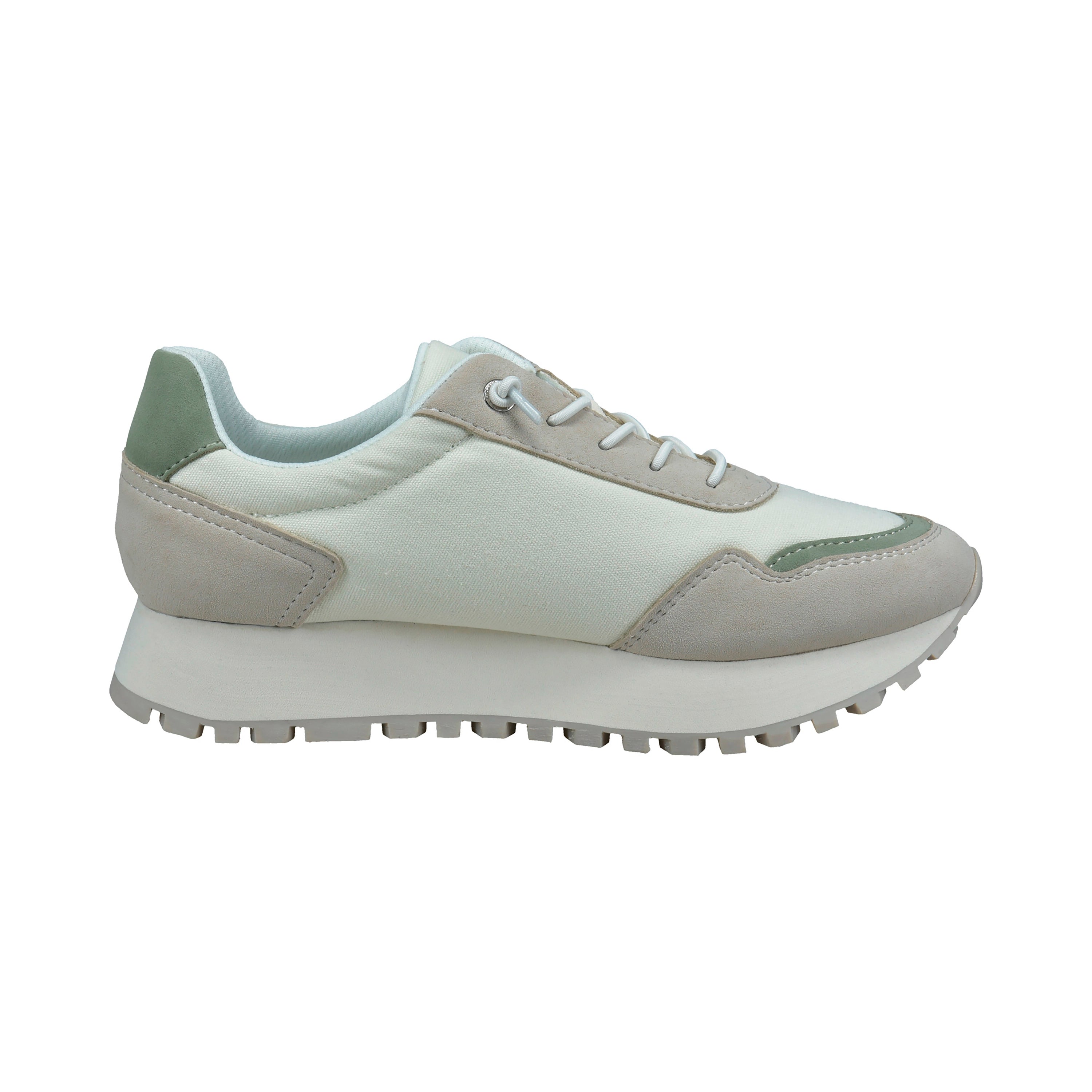 Sneaker von bugatti in Creme und Grün, Seitenansicht, legeres Design mit weiße Sohle und Schnürung.