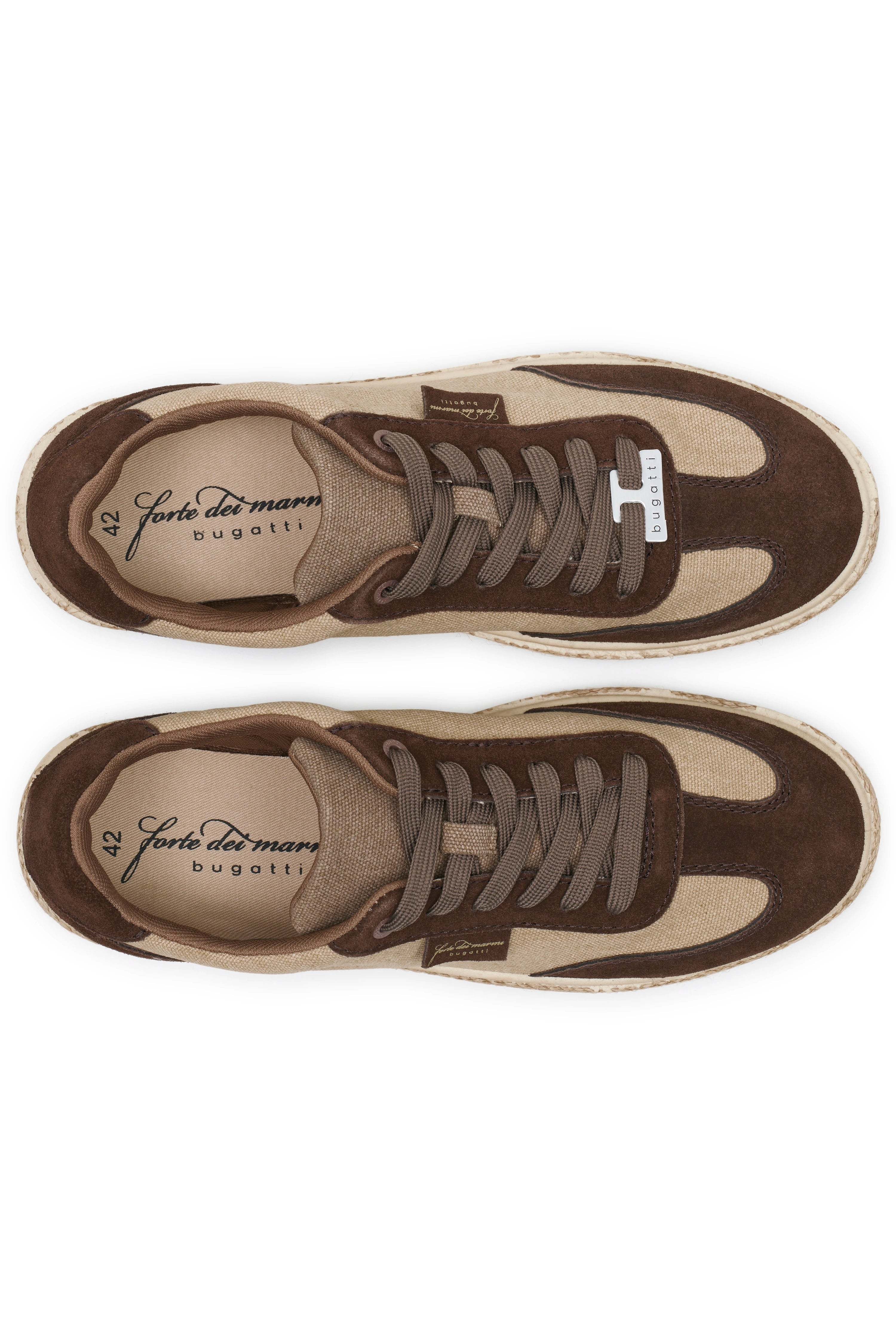 bugatti Sneaker, beige-braun, Wildleder-Canvas-Mix, Draufsicht, legeres Design.