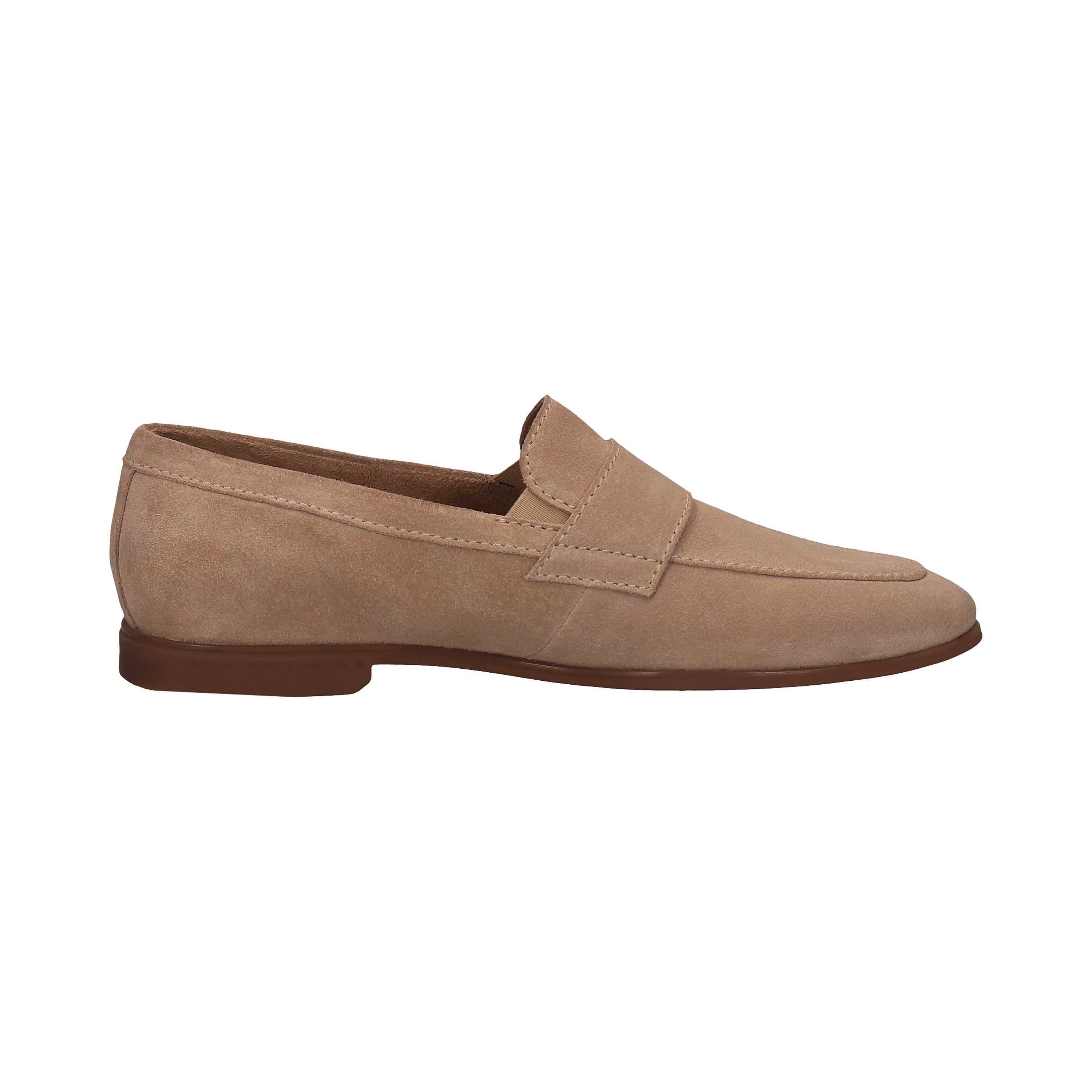 Beige suède loafer, zijaanzicht, elegant en tijdloos voor een stijlvolle uitstraling.
