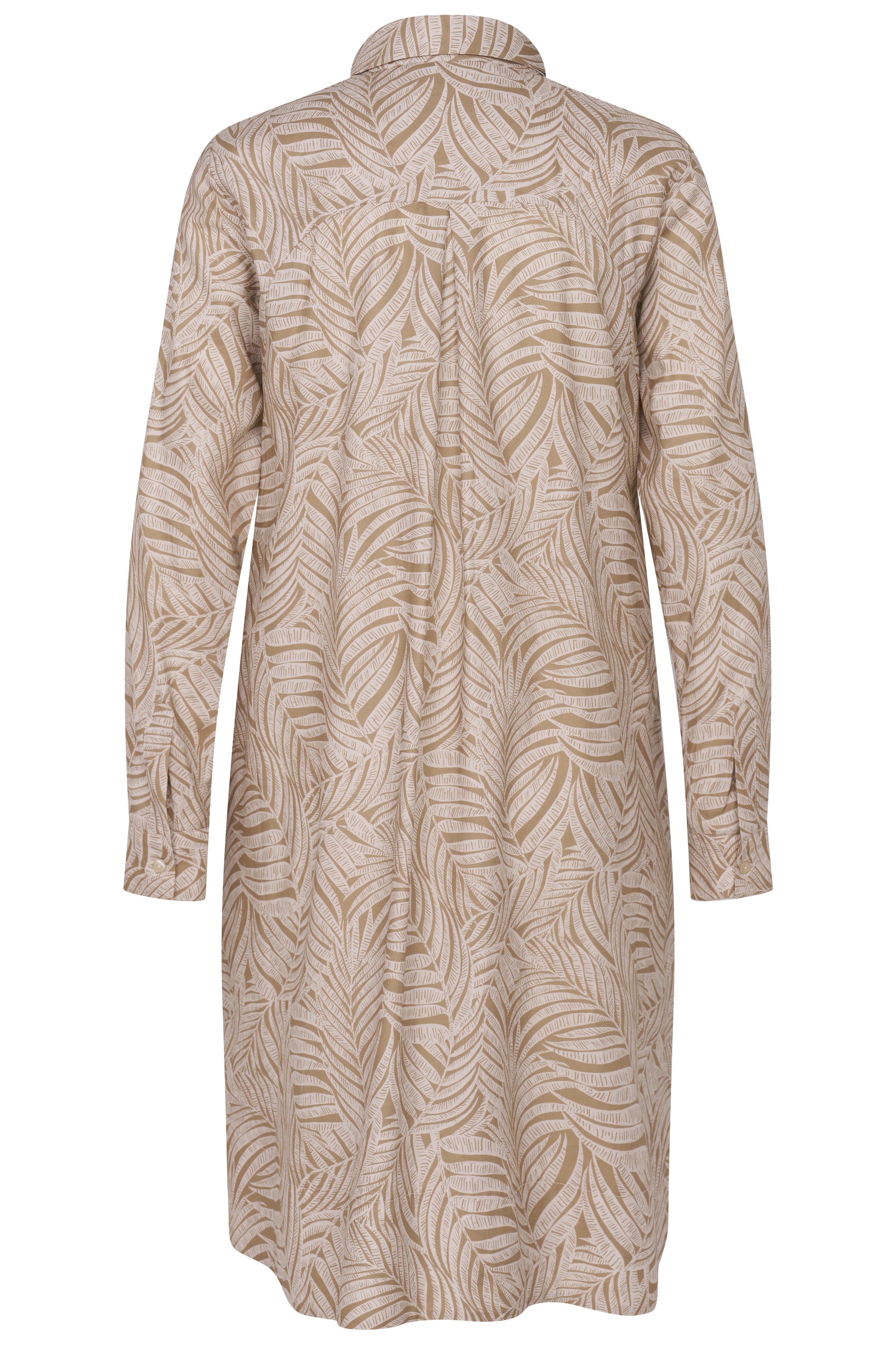 Beige gemustertes Hemdkleid, Büstenbild, Blattdesign, bugatti Stil und Qualität.
