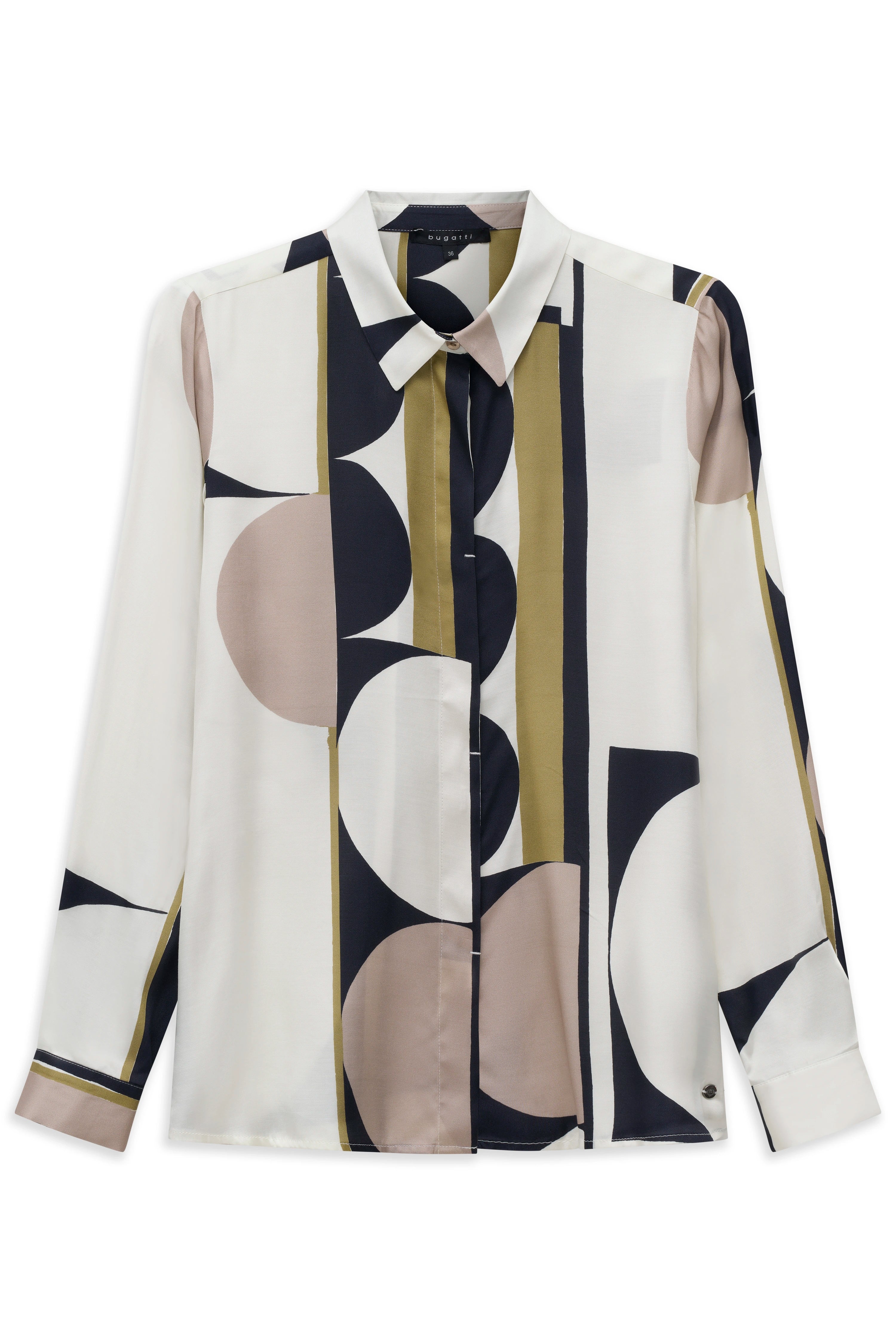 Bluse mit geometrischem Muster in Beige, Schwarz und Oliv von bugatti. Büstenbild.