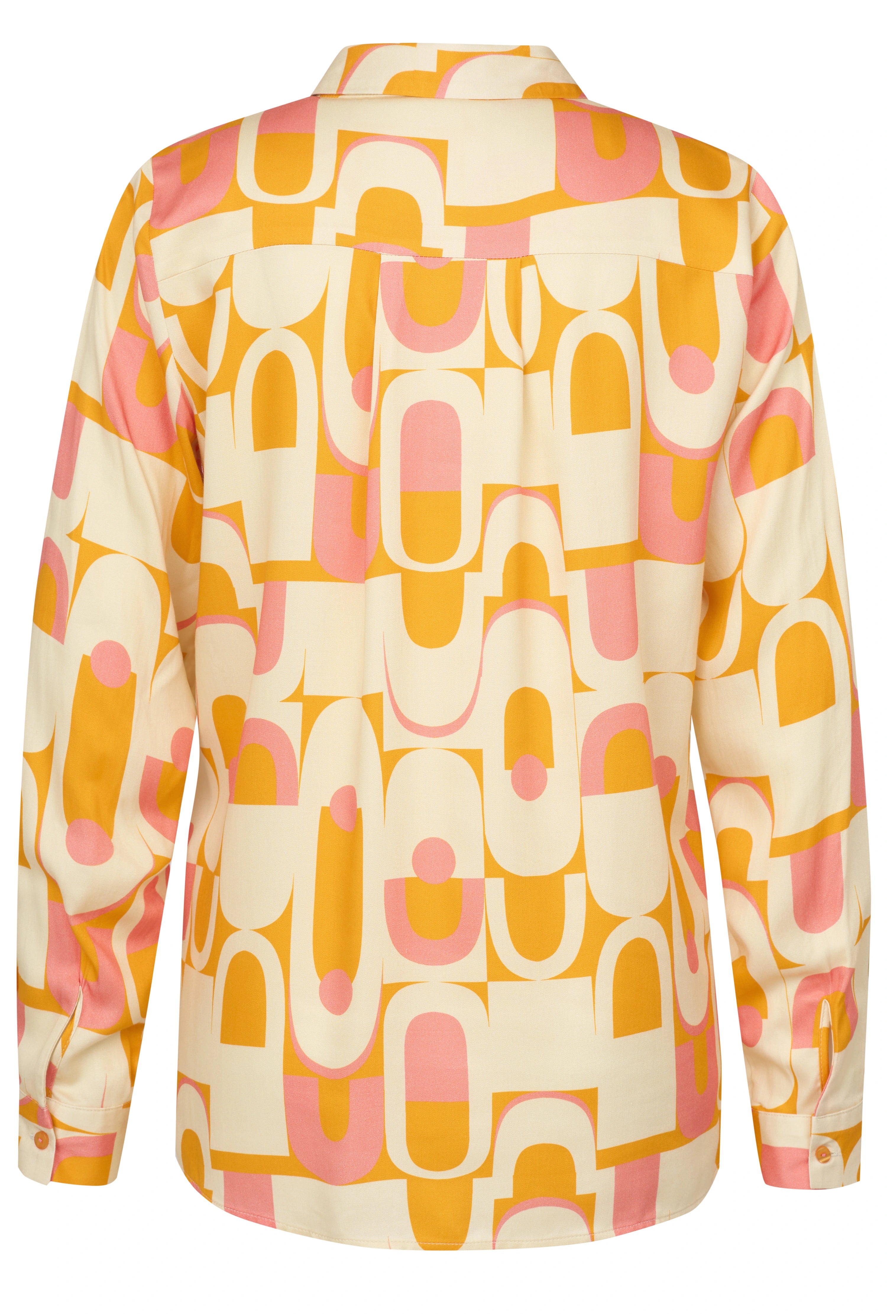 Colorful patterned blouse in yellow and pink by bugatti, back view, chest shot.